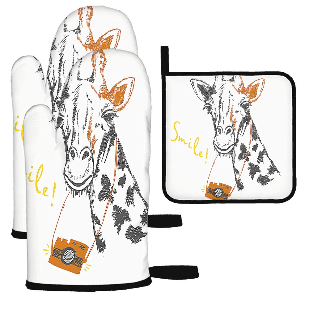 AOYEGO 3-Piece Giraffe Oven Mitts and Pot Holders Set - Heat Resistant Kitchen Gloves with Wildlife Animal Giraffe Camera Smile Doodle Design - Perfect for Baking, Cooking, Grilling & Circus-Themed Kitchen Decor