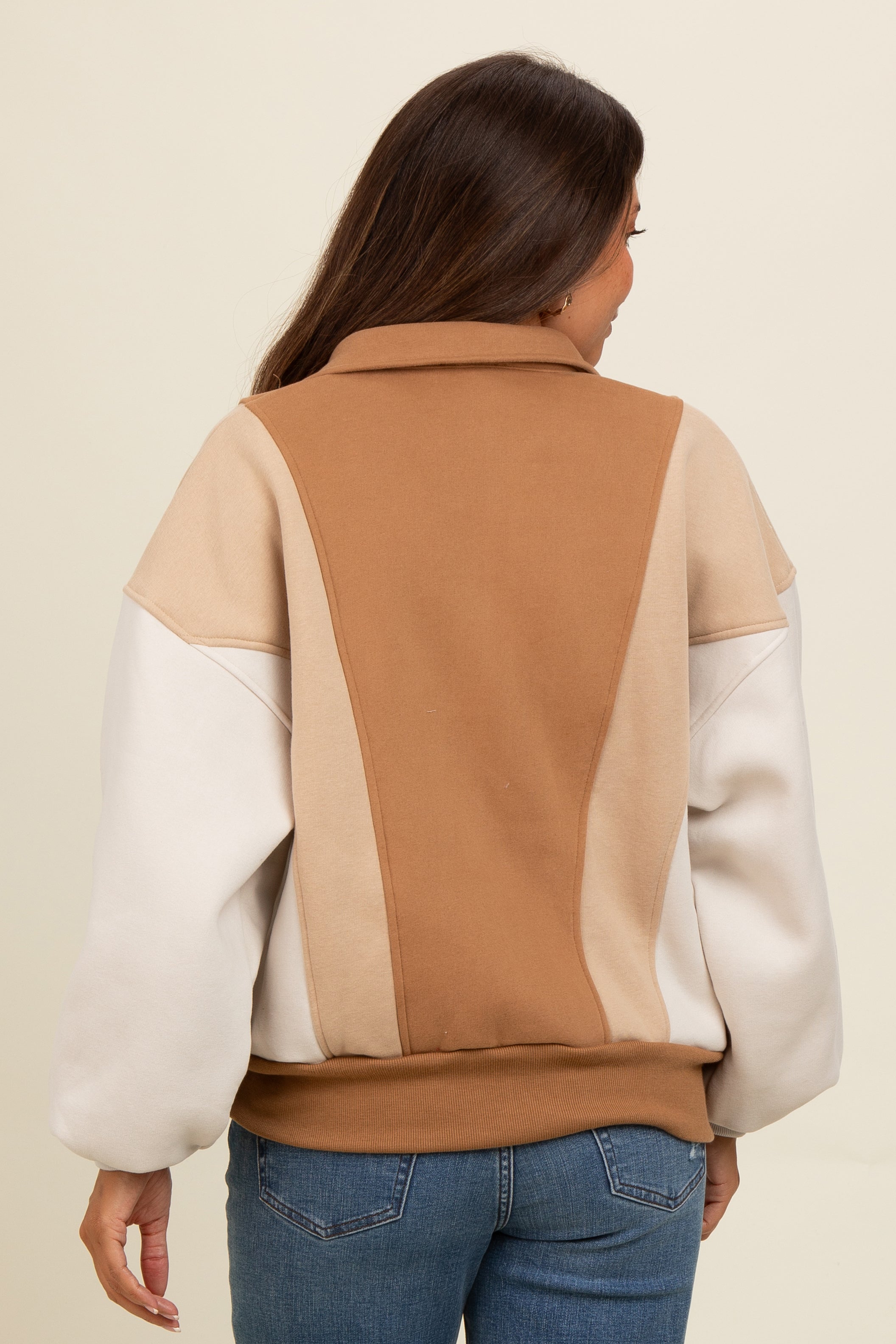 Beige Colorblock Snap Button Maternity Polo Sweatshirt - Comfortable Nursing Top for Pregnant Women, Perfect for Casual Wear & Breastfeeding