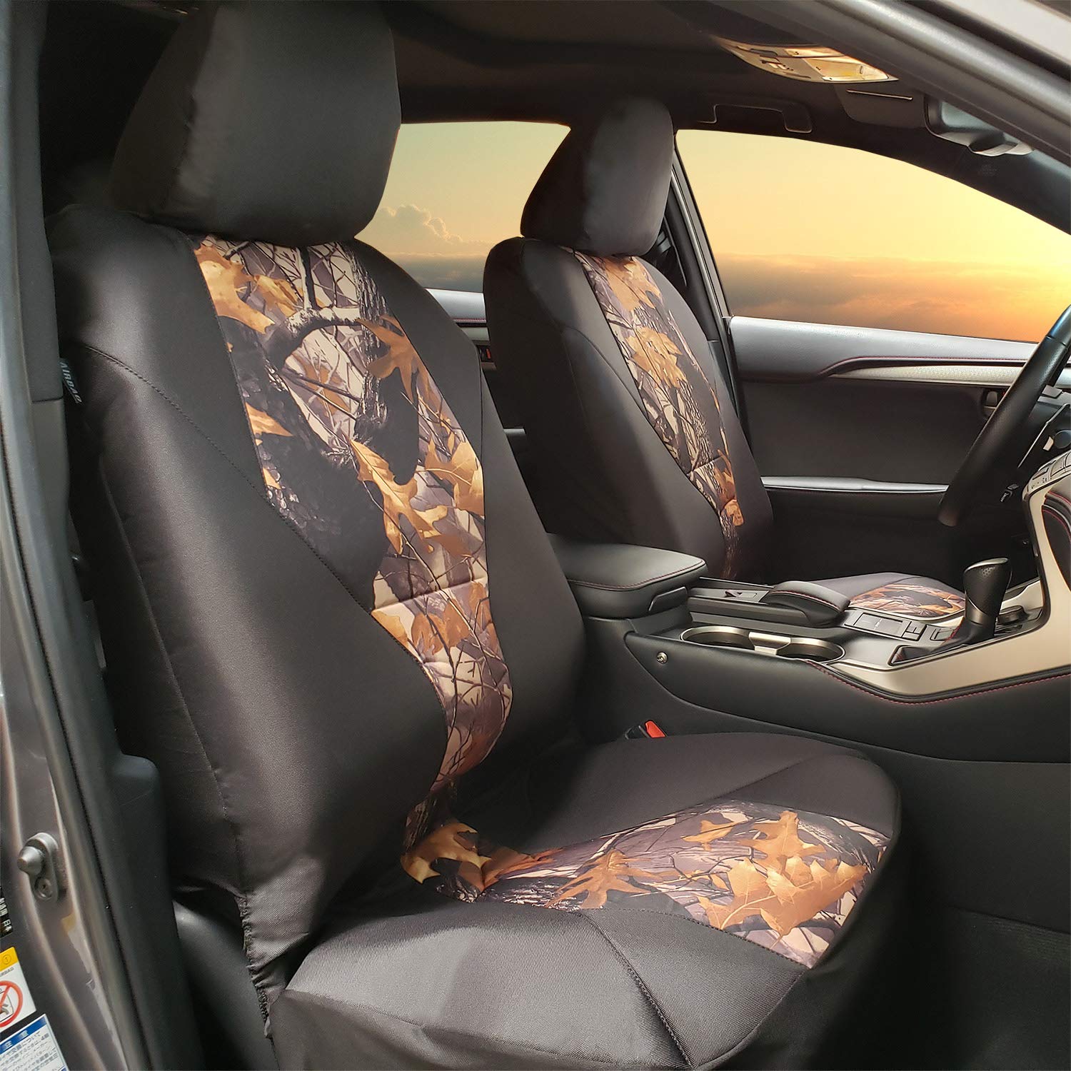 Waterproof Hunting Camouflage Seat Cover - Low Back Front Bucket Seat Protector for Car, Truck, SUV & Van (2 Pack, BK/CamoMi) | Perfect for Outdoor Adventures, Hunting Trips & Off-Roading