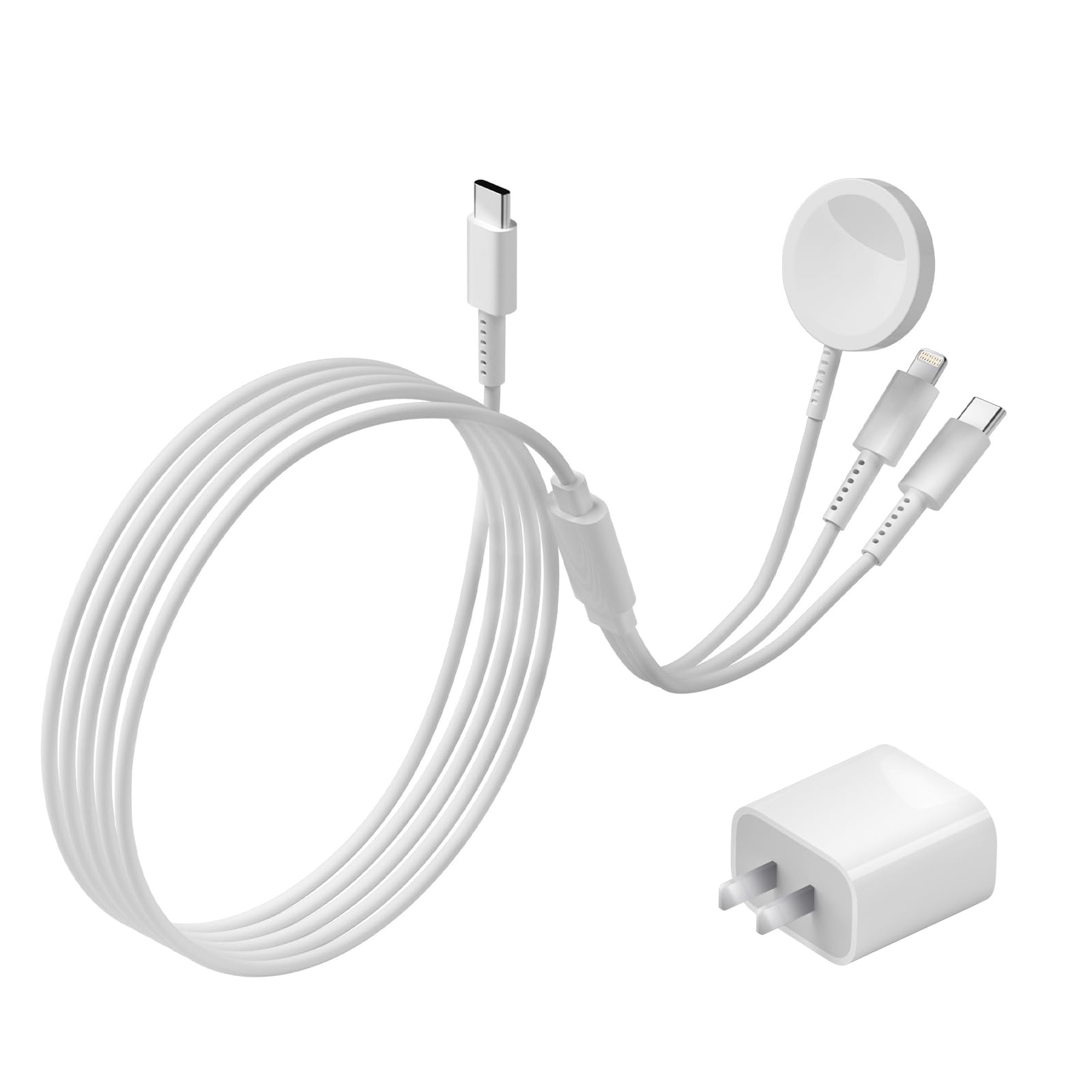 3-in-1 Magnetic Fast Charging Cable 6FT with 20W USB C Charger - Compatible with Apple Watch Series Ultra 2/SE/10/9/8/7/6/5/4/3, iPhone 15/16 Pro Max/14/13/12/11 - Perfect for Travel, Office & Nightstand Charging