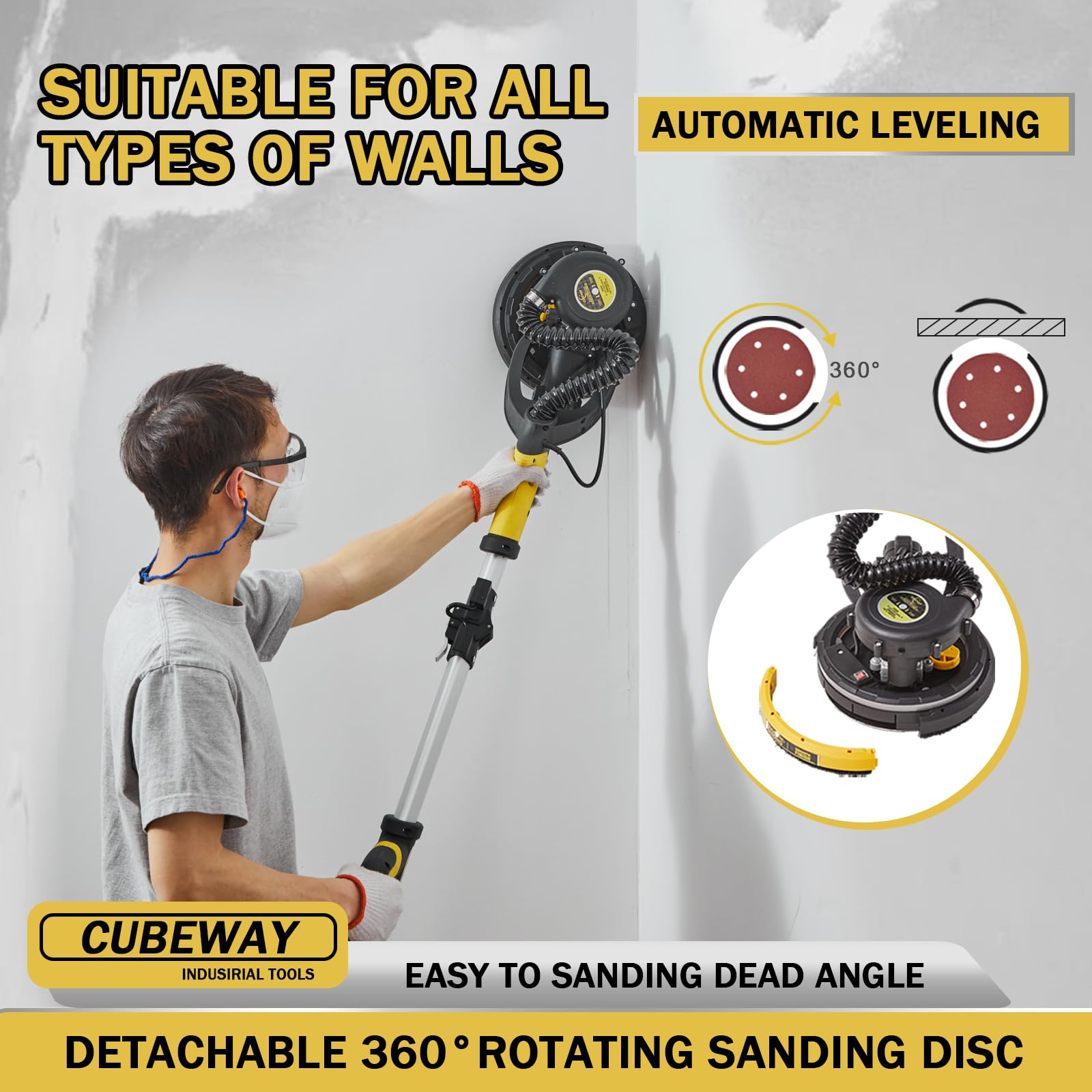 780W Electric Drywall Sander with Vacuum Dust Collection - 6.5A Dustless Floor Sander, Variable Speed 900-1800RPM, LED Light & Extendable Handle - Perfect for Drywall Repair, Home Renovation and Professional Construction Projects