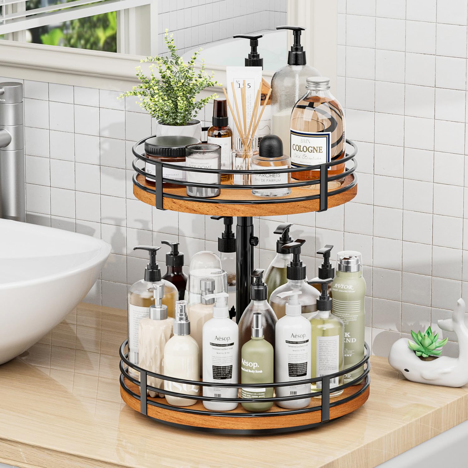 OVICAR 2-Tier Wooden Lazy Susan Turntable Organizer - 12 Inch Adjustable Rotating Spice Rack for Kitchen Countertop, Cabinet, Pantry, Coffee Bar & Bathroom Storage | Perfect for Organizing Spices, Makeup, or Office Supplies