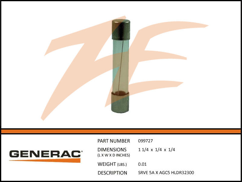 Generac 099727/G099727 5A Glass Fuse - Replacement Fuse for Generac Generators & Power Equipment - Perfect for Home Backup Power Systems & Emergency Power Outages