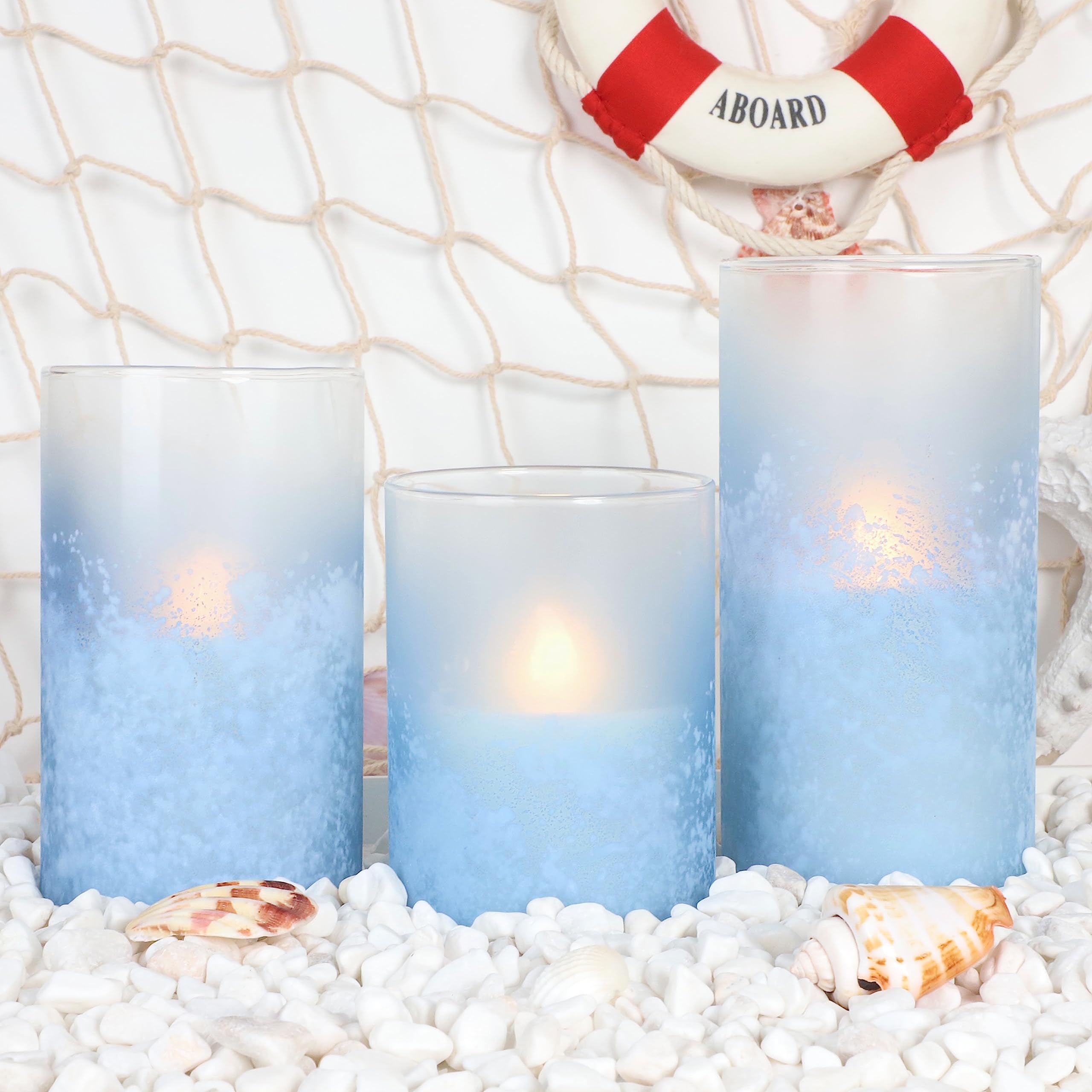 Blue Glass Flameless LED Candles with Sandblast Design - Battery Operated with Remote & Timer - Perfect for Coastal, Birthday, Home, Bathroom, Nautical & Beach Decor - Romantic Ambiance for Weddings, Dinners & Relaxing Baths