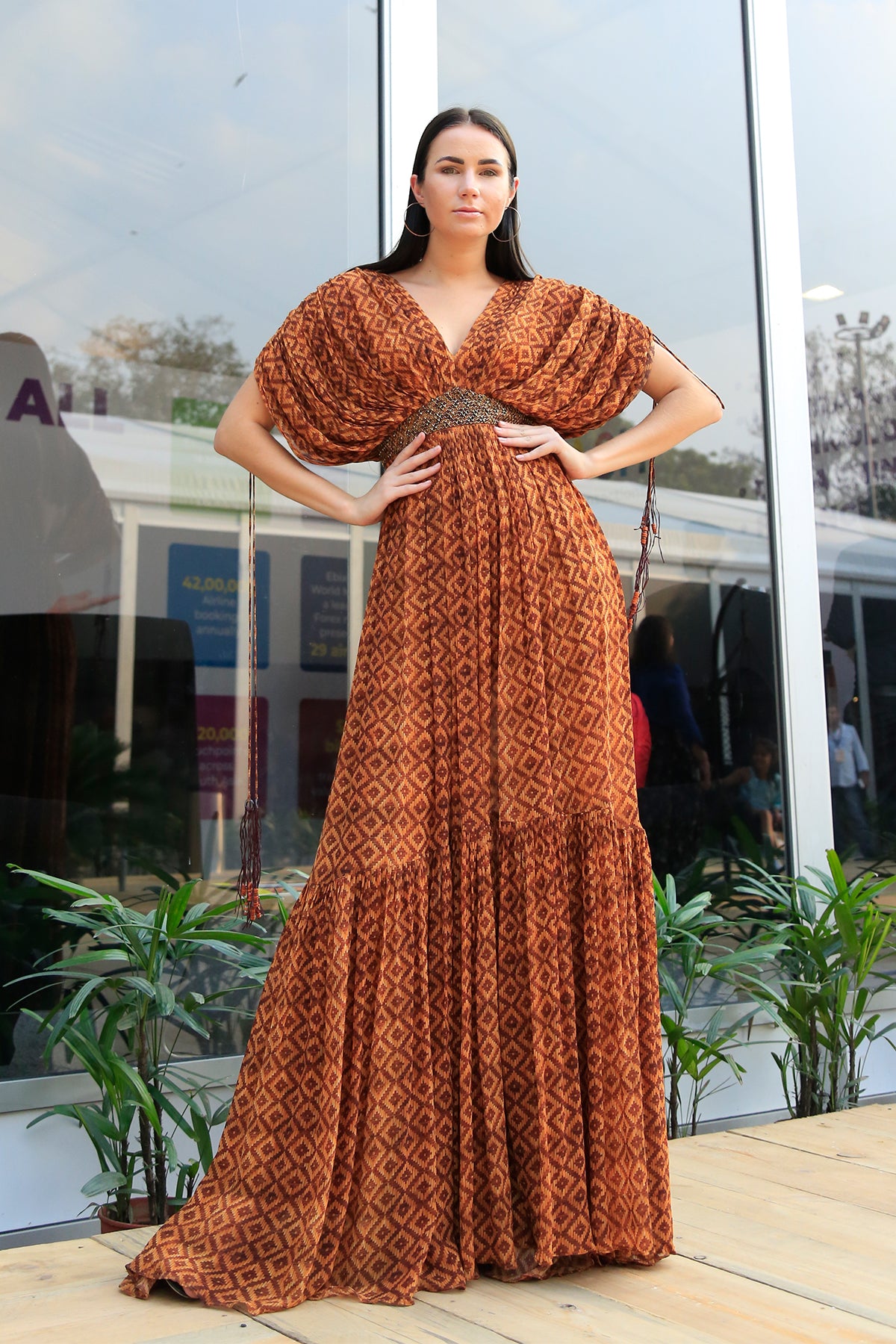 Elegant Basket Weave Print Dress with Gold Handmade Belt - Perfect for Summer Parties, Weddings & Special Occasions
