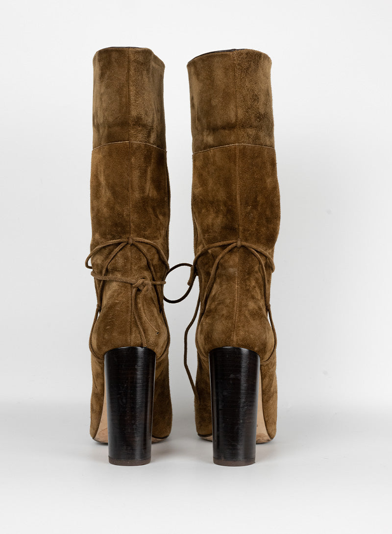 Saint Laurent Suede Cognac Boots with Heel - Size 37 | Luxury Women's Ankle Boots for Fall & Winter Fashion