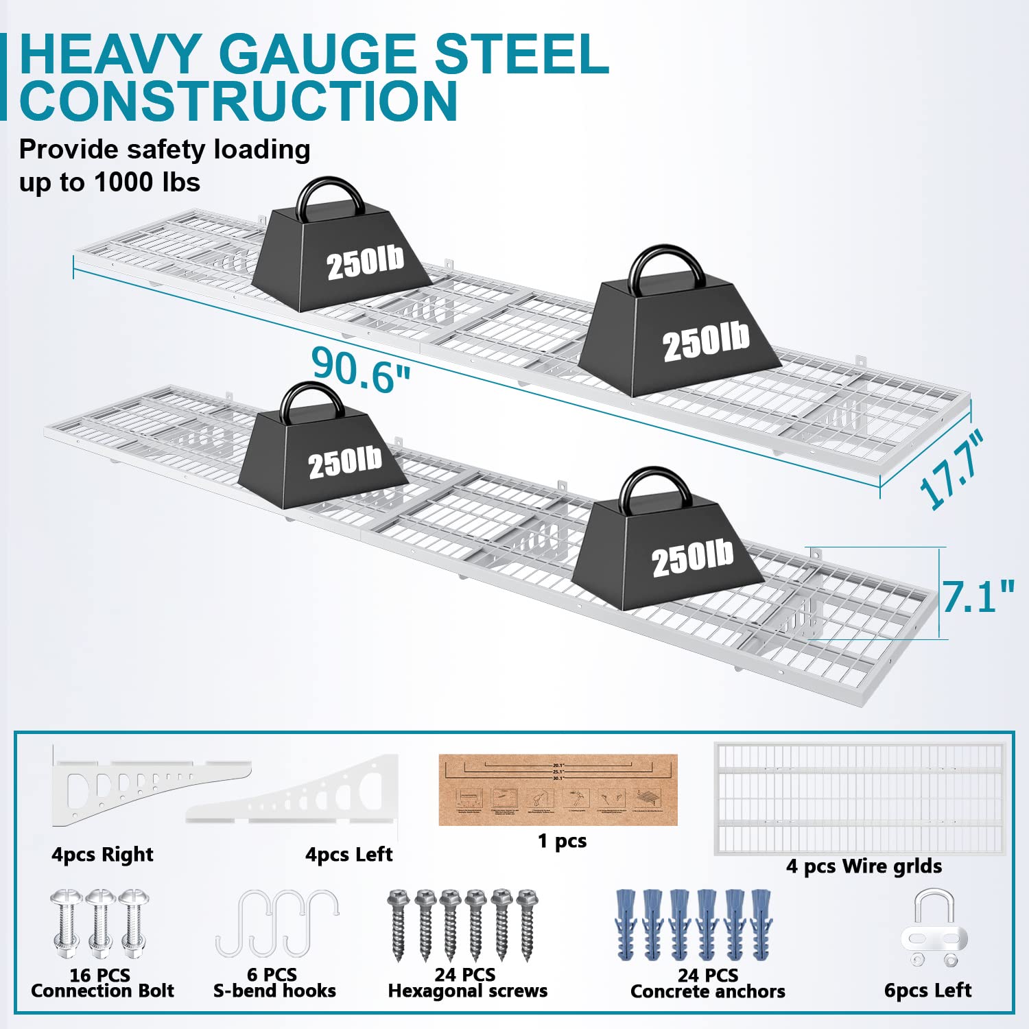Heavy Duty Wall Mounted Garage Storage Shelves 4 Pack - 1.5x3.8ft Metal Floating Shelving System Holds 1000 lbs - Adjustable White Garage Organizer Racks for Tools, Sports Equipment & Home Storage