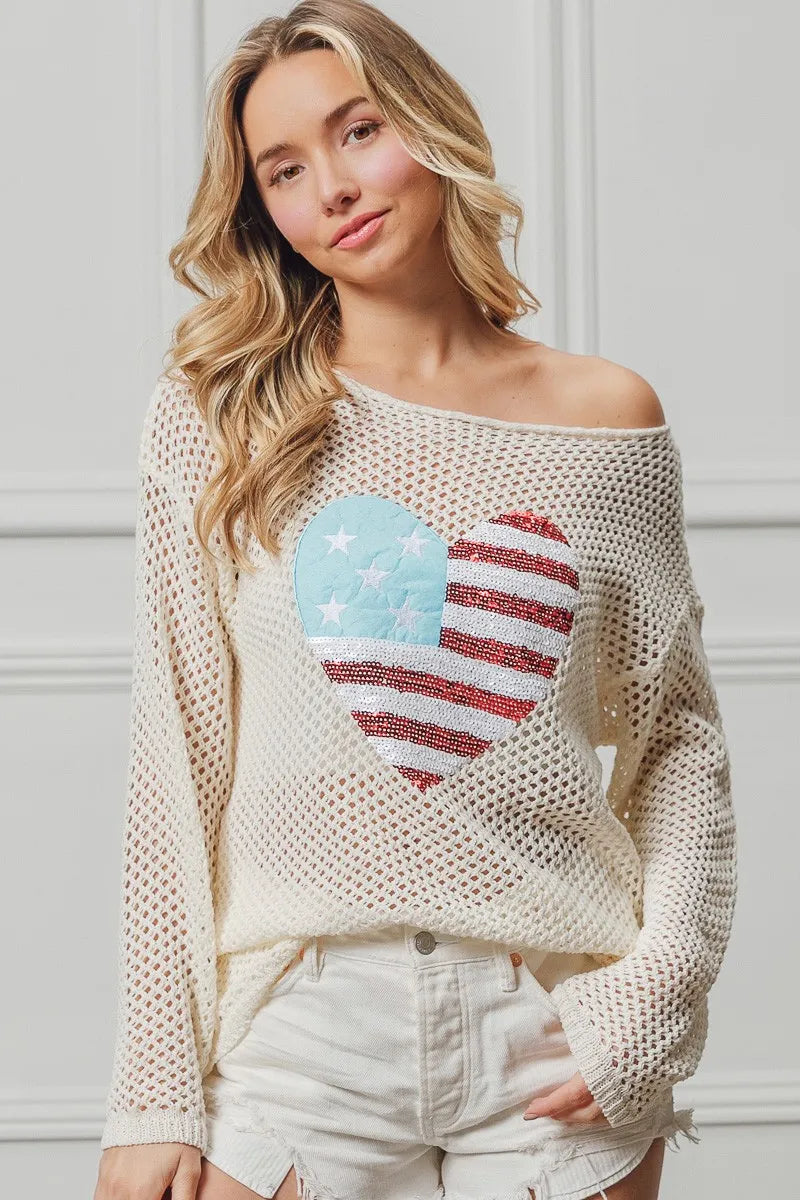 BiBi Sequin American Flag Heart Knit Up - Patriotic Fashion Sweater for Women, Perfect for 4th of July, Memorial Day & Independence Day Celebrations