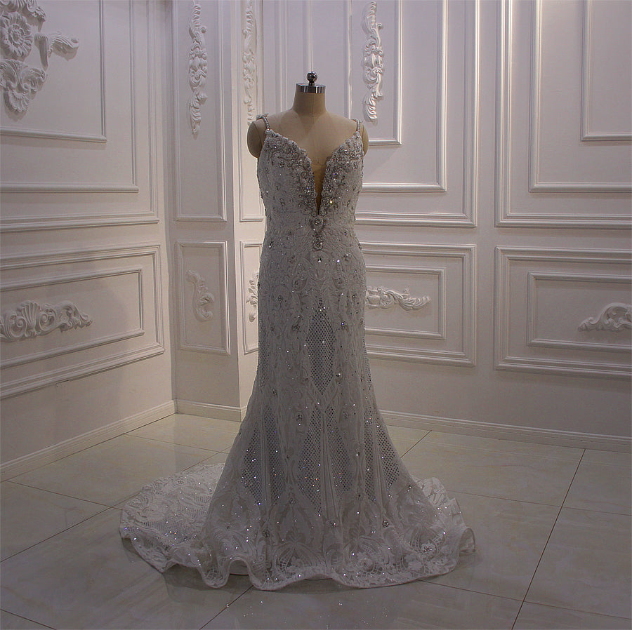 Elegant Am614 Spaghetti Strap Lace Applique Detachable Skirt Wedding Dress for Bridal, Prom, and Formal Events