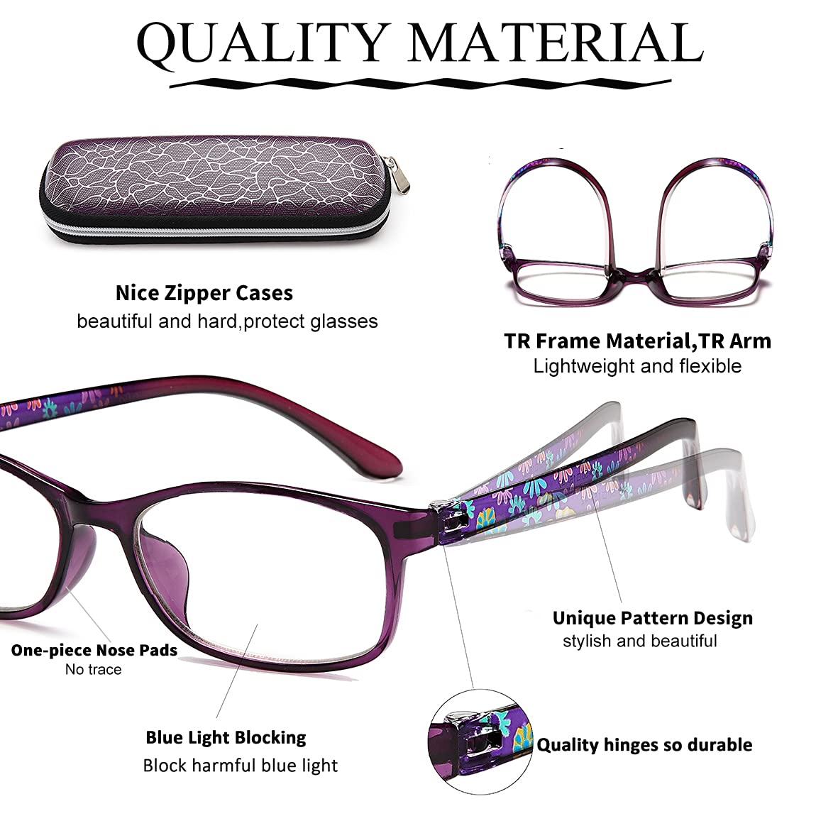 Blue Light Blocking Reading Glasses for Women - Stylish Computer Glasses with Pattern Design (Set of 2, Purple/Red, +1.5 Magnification) - Perfect for Office Work, Screen Time & Digital Eye Strain Relief