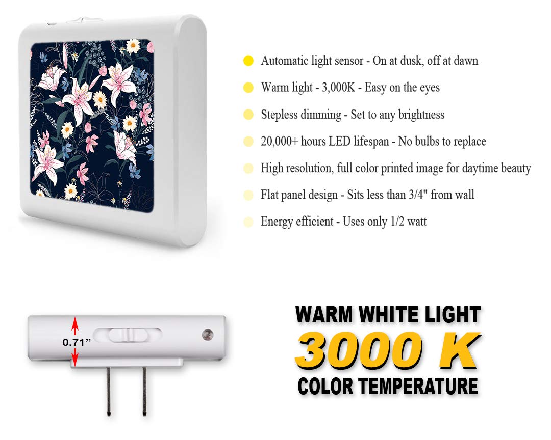 Dimmable LED Night Light with Auto On/Off Sensor, Adjustable Brightness & Warm White Light - Perfect for Bathroom, Hallway, Nursery & Bedroom (Pink & White Floral Design with Blue Accents) - Creates Soothing Ambiance for Nighttime Safety & Comfort