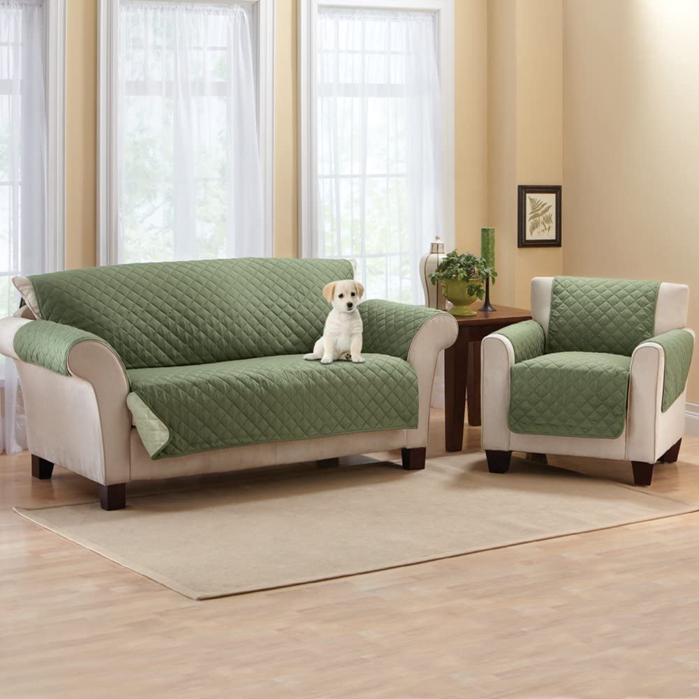 Reversible Quilted Furniture Protector Cover for Loveseat - Olive/Sage | Collections Etc | Waterproof & Anti-Slip Sofa Protector | Perfect for Pets, Kids & Home Decor