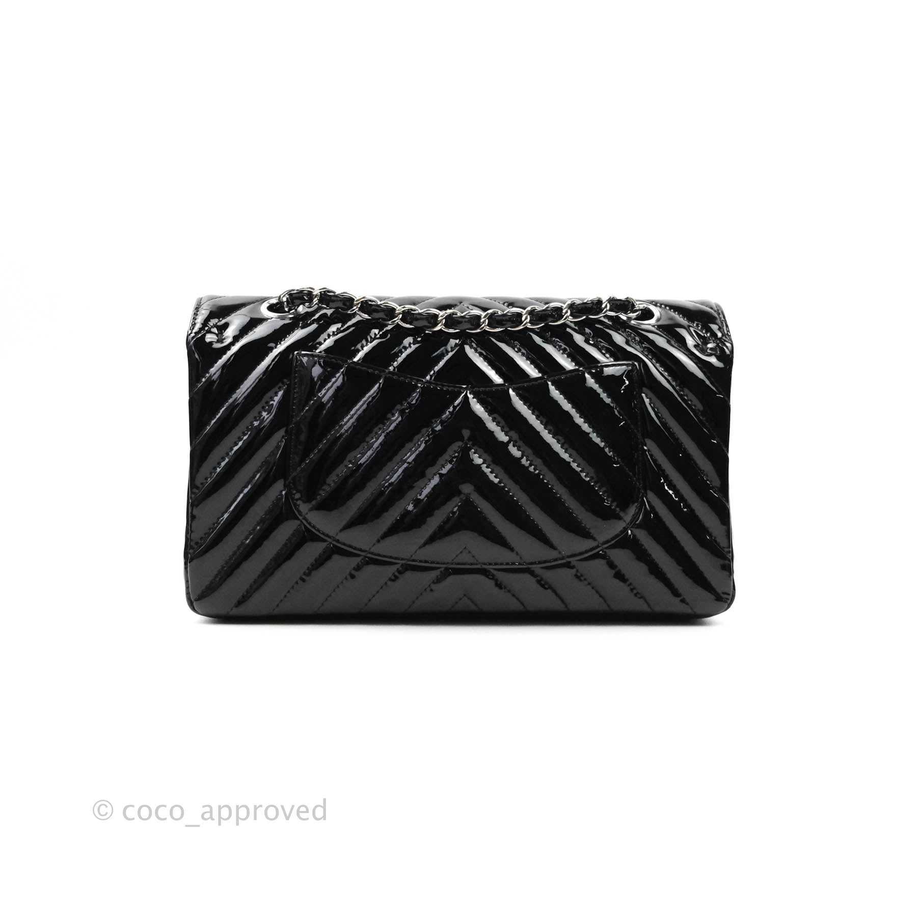 Chanel Classic Chevron M/L Medium Double Flap Bag - Black Patent Leather with Silver Hardware | Luxury Designer Handbag for Women, Perfect for Work, Evening Events & Special Occasions