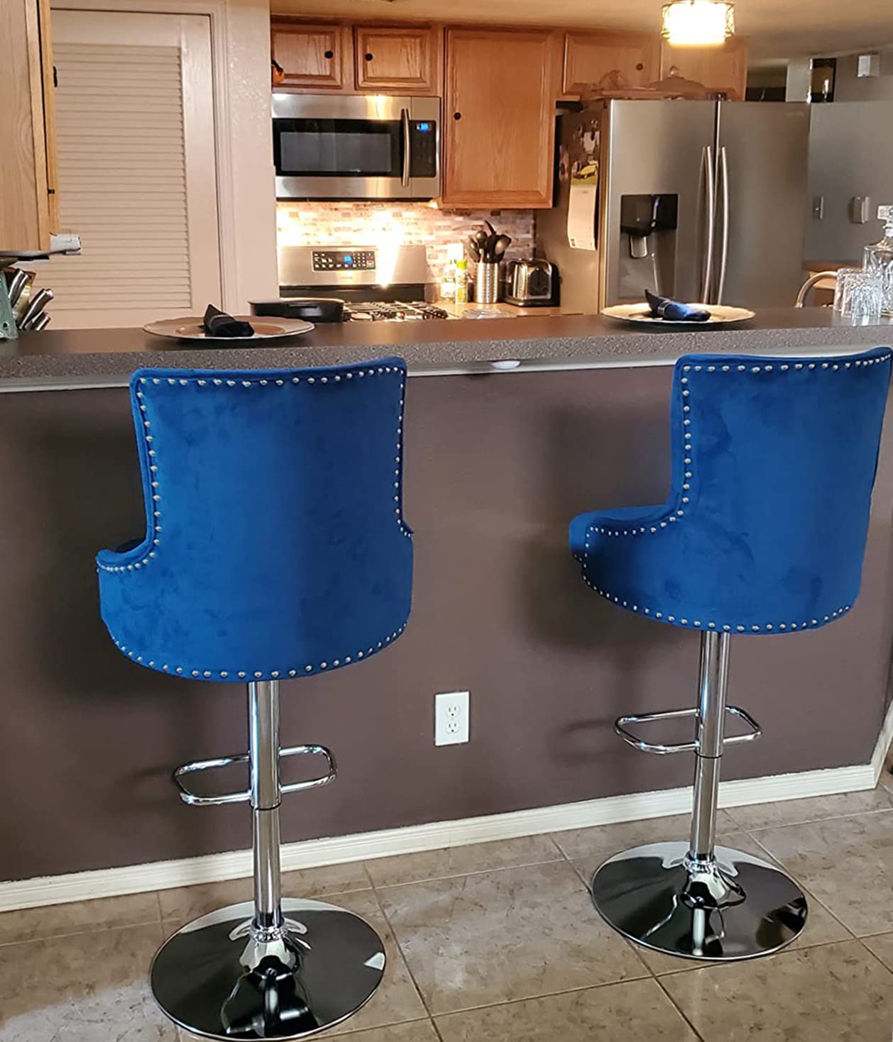 Modern Velvet Bar Stools Set of 4 - Adjustable Height High Back Counter Stools for Kitchen Island, Pub, Bar & Dining Room - Deep Blue Upholstered Seating (Perfect for Entertaining, Breakfast Nooks & Home Decor)