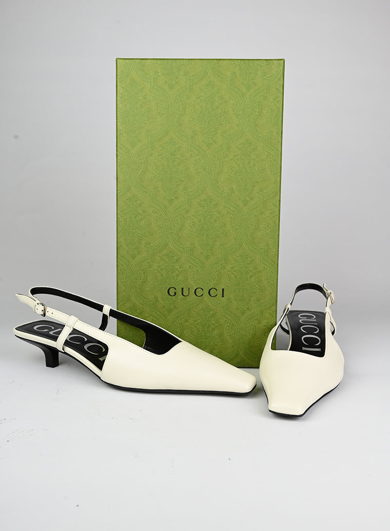 Gucci White Leather Slingback Heels Women's Size 37 - Perfect for Parties, Weddings & Office Wear