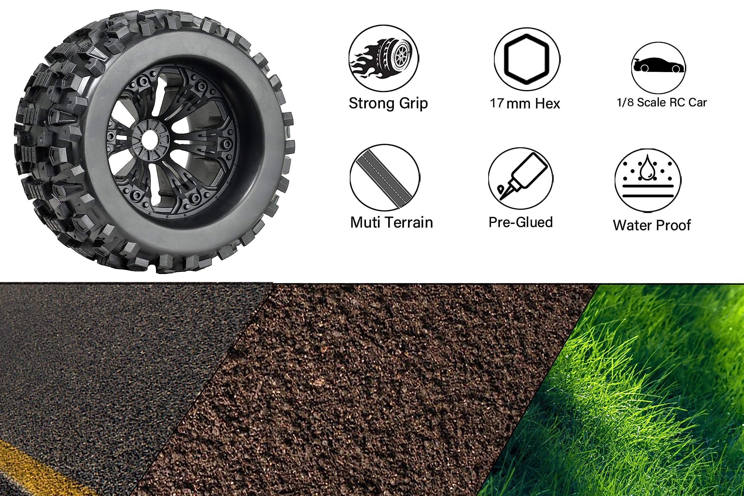 17mm Hex RC Wheels and Tires Set of 4 - Compatible with Traxxas Sledge, XMaxx, Revo 3.3, Summit, Arrma Kraton, Notorious, Outcast 6s, Redcat 3.8 - 1/8 Scale Pre-Glued Off-Road RC Truck Tires - Perfect for Bashing, Crawling and High-Speed Racing