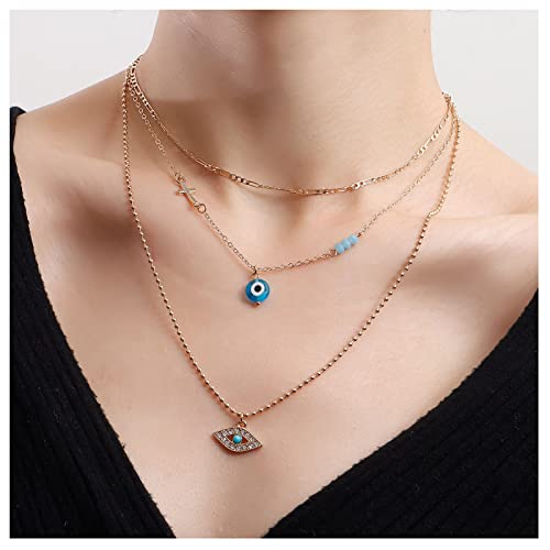 Evil Eye Pendant Necklace with Turquoise Cross - Dainty Layered Clavicle Chain for Women & Girls | Spiritual Protection Jewelry for Everyday Wear, Gift Giving & Boho Fashion