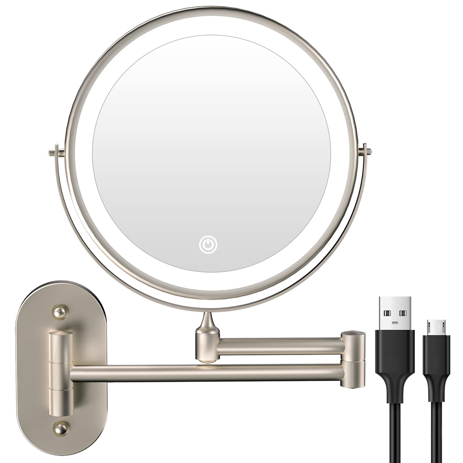 FASCINATE LED Lighted Makeup Mirror 8 Inch, 1X/5X Magnification, Wall Mount Vanity Mirror with 3 Color Lights, Adjustable Dual-Sided, Bathroom Shaving Mirror (Nickel5X) - Perfect for Makeup Application, Skincare Routine & Grooming in Bedroom or Bathroom