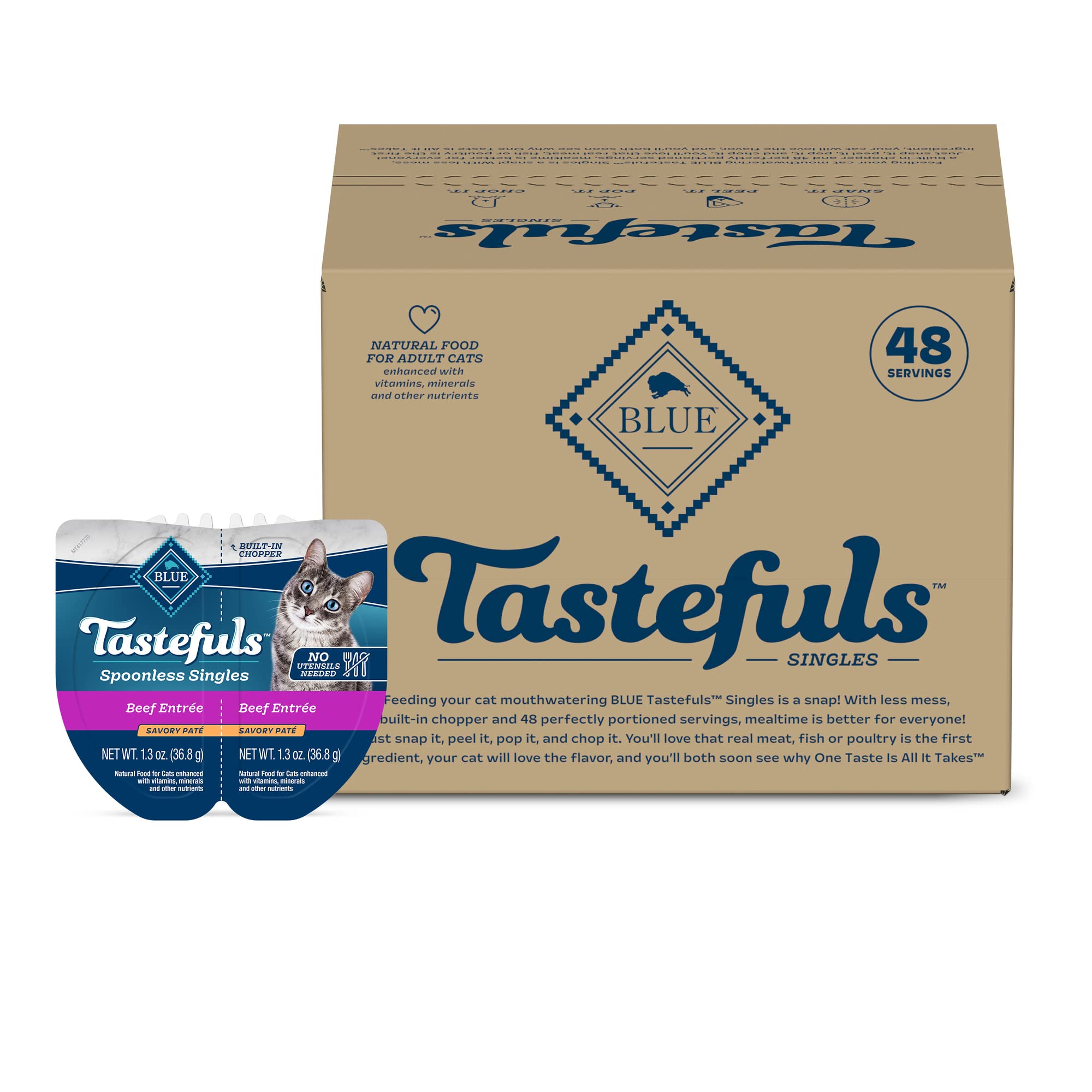 Blue Buffalo Tastefuls Spoonless Singles Natural Wet Cat Food Paté - Beef Entreé, 2.6-oz Twin-Pack Trays (24 Count) | Grain-Free Wet Cat Food for Adult Cats | Perfect for Travel, Quick Meals & Picky Eaters