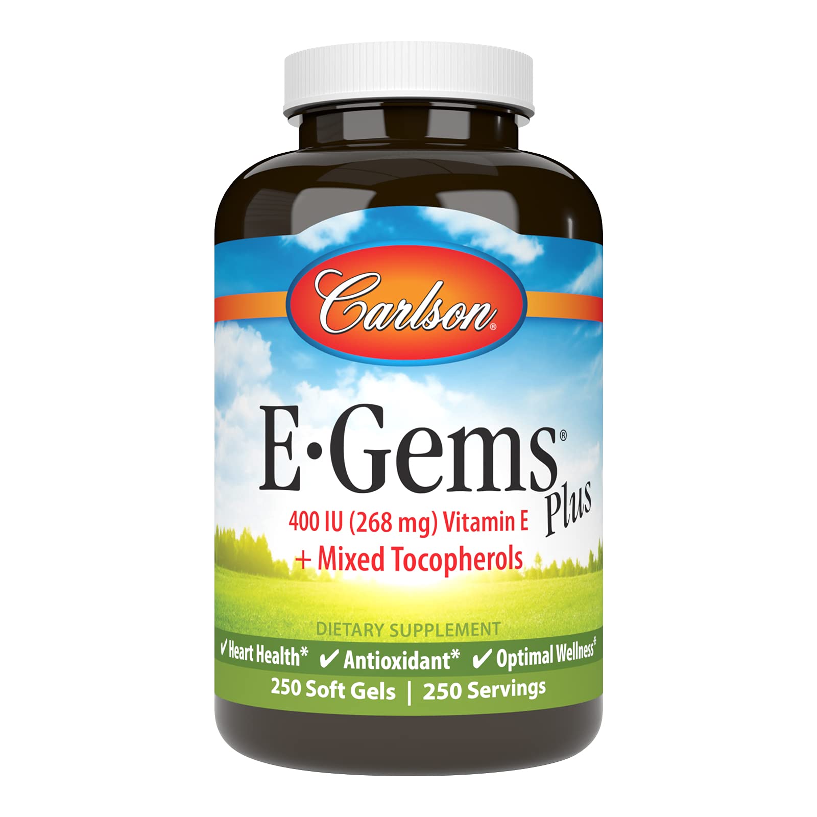 Carlson E-Gems Plus Vitamin E 400 IU Softgels - Natural Heart Health Supplement for Adults - 250 Count - Supports Cardiovascular Wellness & Immune System - Perfect for Daily Health Maintenance & Active Lifestyle