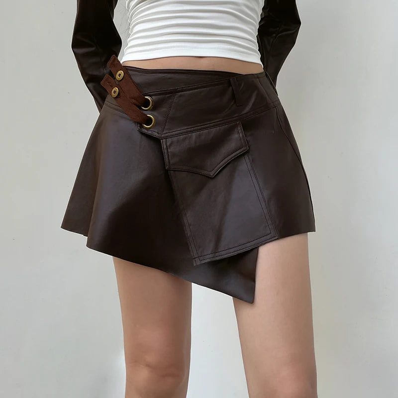 **Brown Asymmetrical Wrap Leather Skirt for Women - Retro Low Rise Mini Skirt with Button Detail | Summer Streetwear & Party Outfits | Perfect for Casual Wear, Night Out & Fashion Events**