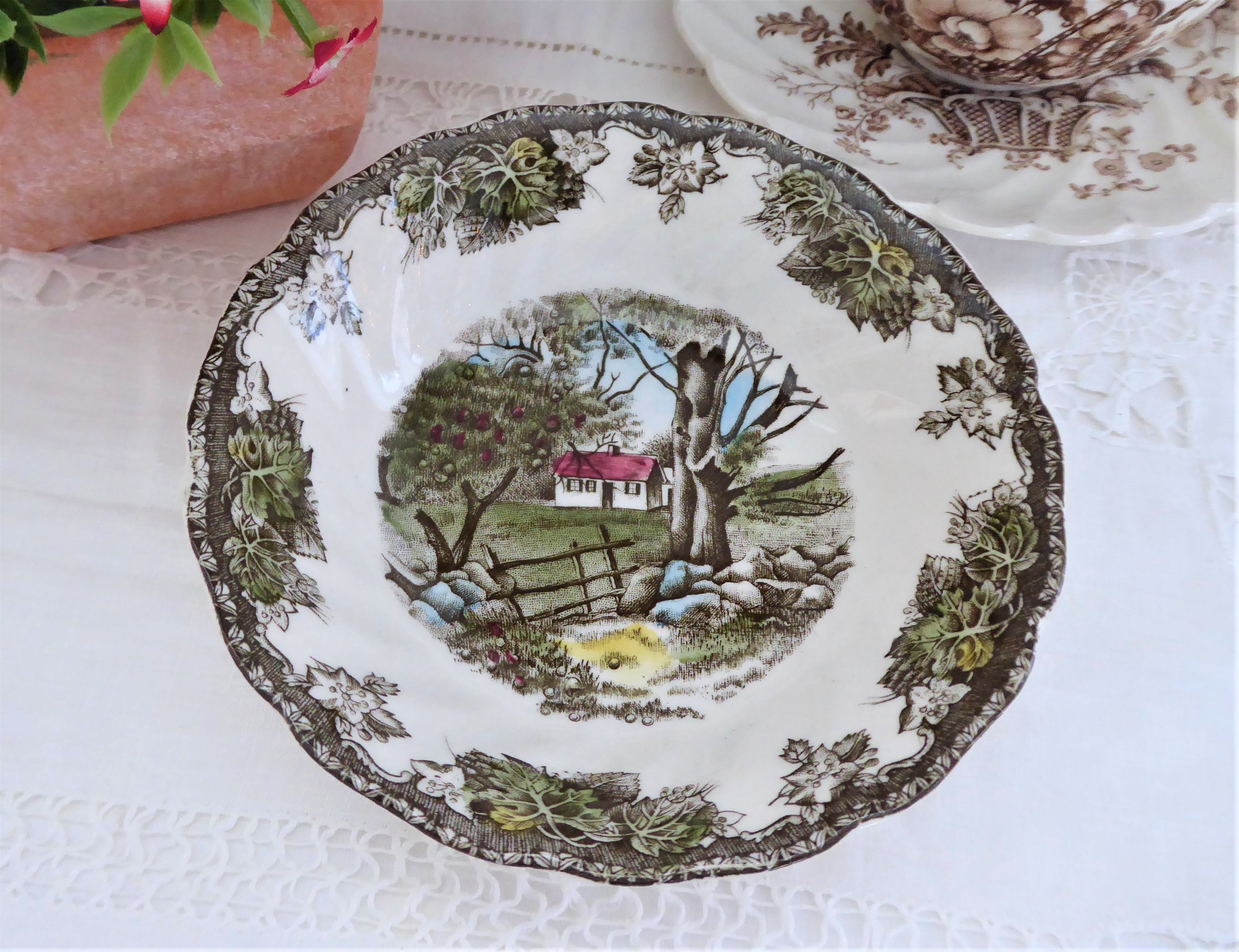 Vintage Johnson Brothers Friendly Village English Teacup & Saucer Set - Stone Wall Design Teabag Caddy & Coaster - Perfect for Afternoon Tea, Collectors & Cottagecore Decor (1950s)