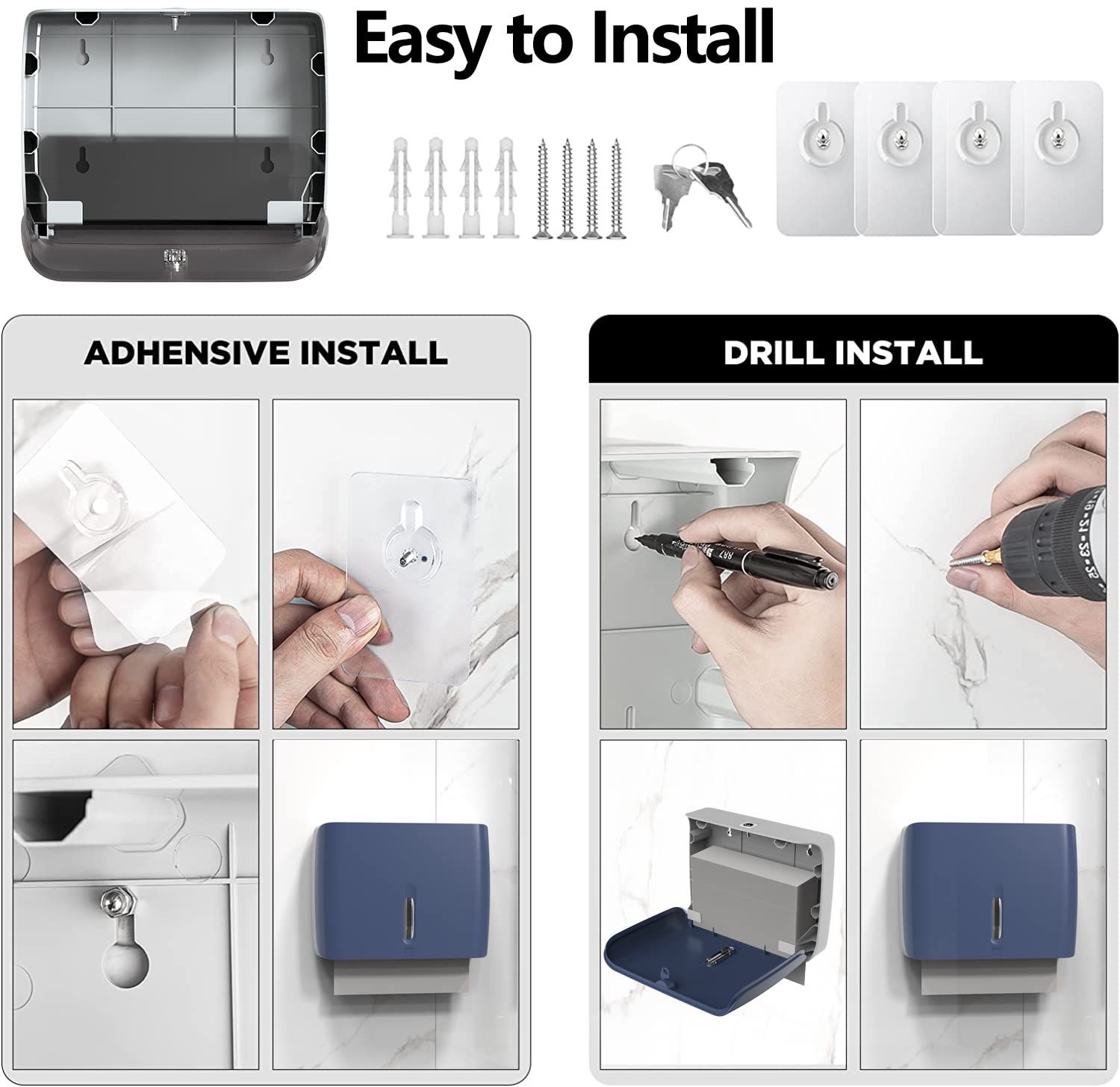 Wall Mount Paper Towel Dispenser - No Drill Adhesive Installation, Holds 200+ Z-Fold/Tri-Fold Towels for Bathroom, Kitchen & Office Use