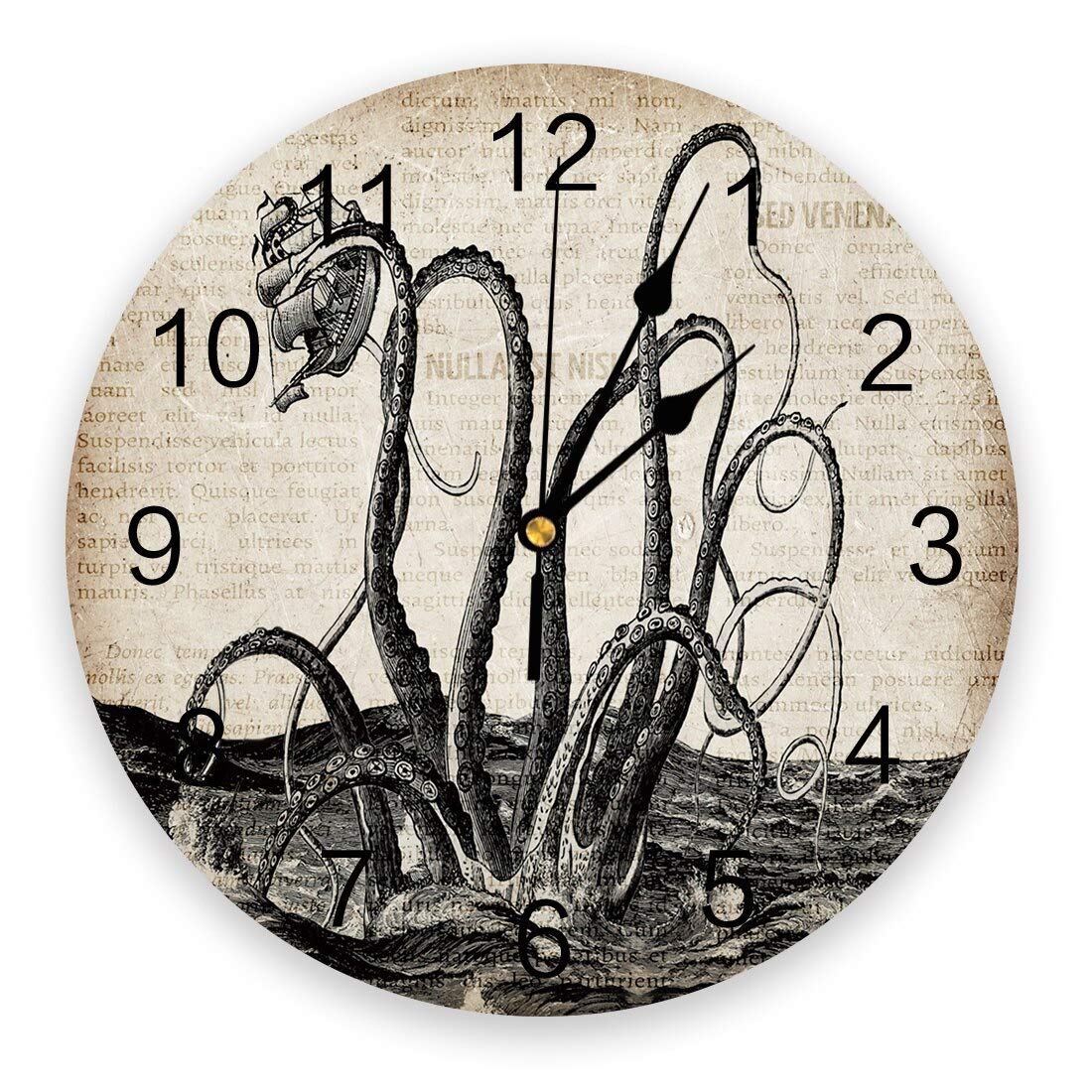 Cthulhu Octopus Wall Clock - Vintage Newspaper Design for Kitchen & Living Room Decor