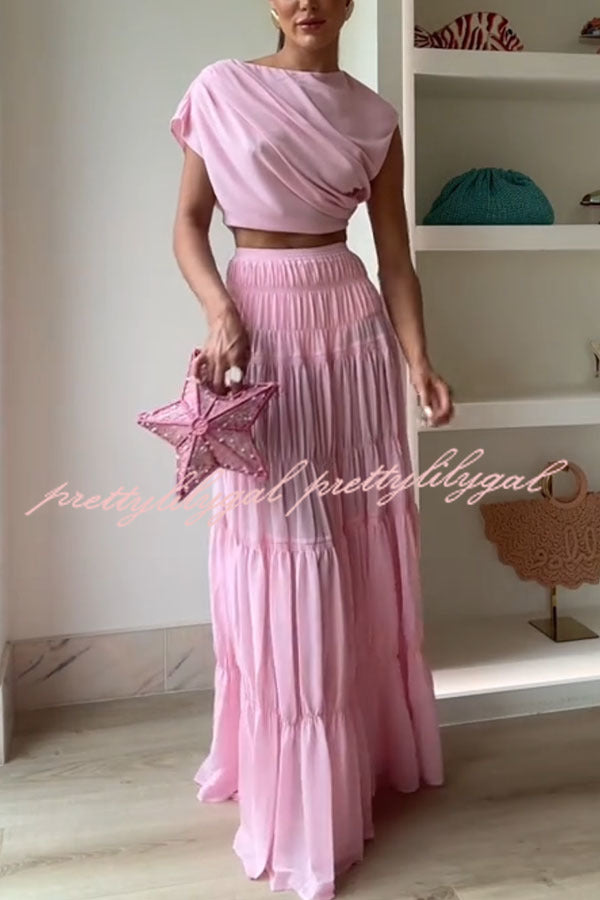 Elegant Chiffon Ruched Shoulder Short Sleeve Crop Top Women's Fashion Blouse for Summer Outfits, Date Night & Party Wear