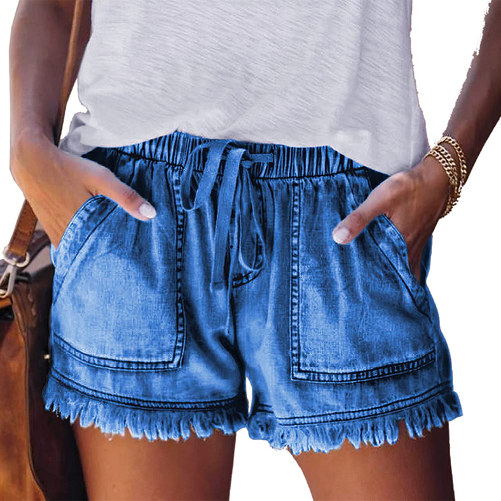 Women's Distressed Raw Hem Denim Shorts - High Waisted Loose Fit Casual Jean Shorts with Drawstring & Pockets | Perfect for Summer Outfits, Beach Vacations and Street Style Fashion