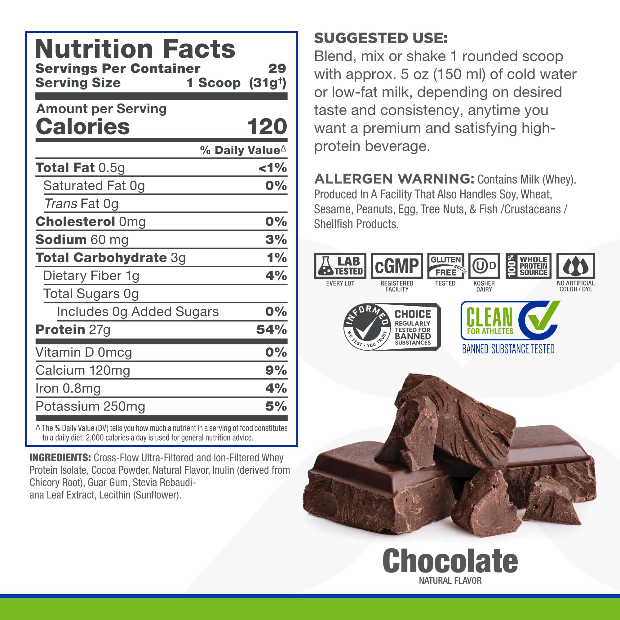 ALLMAX Nutrition ISONATURAL Whey Protein Isolate Powder, Chocolate Flavor - 2 lb (29 Servings) - 27g Protein Per Scoop, Zero Fat & Sugar, 99% Lactose Free with Prebiotics - No Artificial Flavors - Ideal for Post-Workout Recovery & Muscle Building