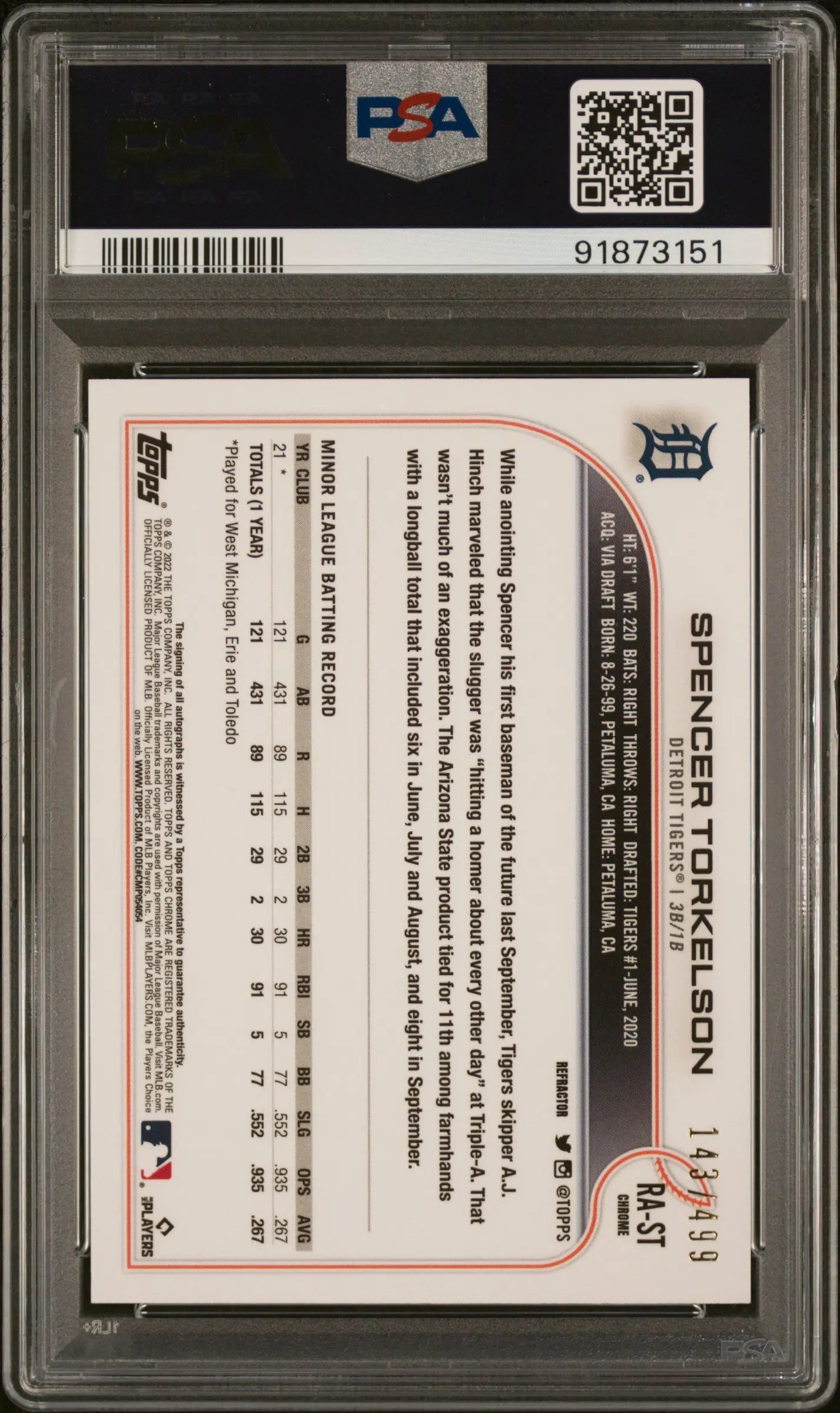 2022 Topps Chrome Baseball Spencer Torkelson Rookie Refractor Auto PSA 10 /499 - Rare Collectible Trading Card for Baseball Fans & Sports Memorabilia Collectors - Perfect for Display, Investment, and Gifting