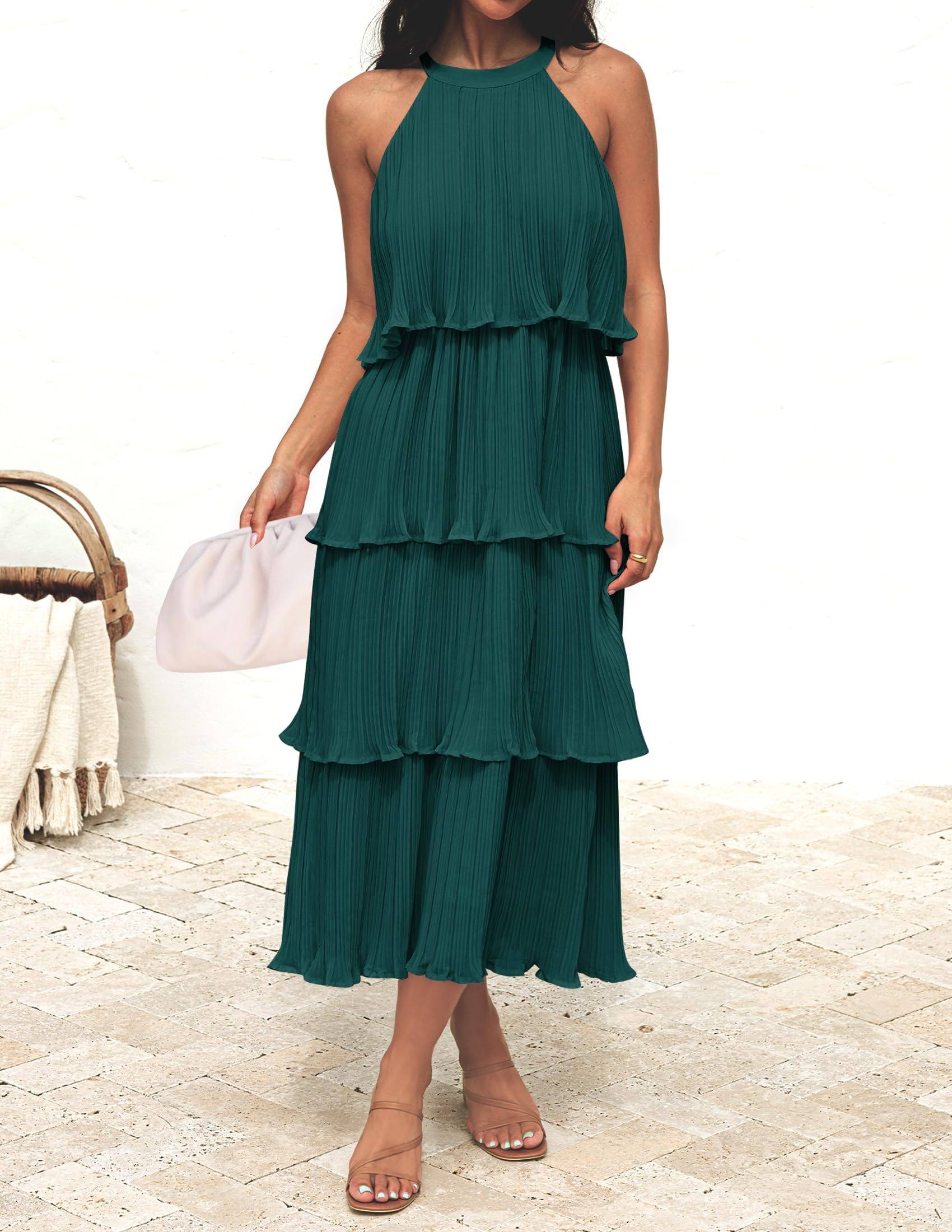ZESICA Women's 2025 Summer Sleeveless Halter Neck Ruffle Tiered Chiffon Midi Dress - Flowy Swing Long Dress for Beach Vacation, Wedding Guest & Date Night