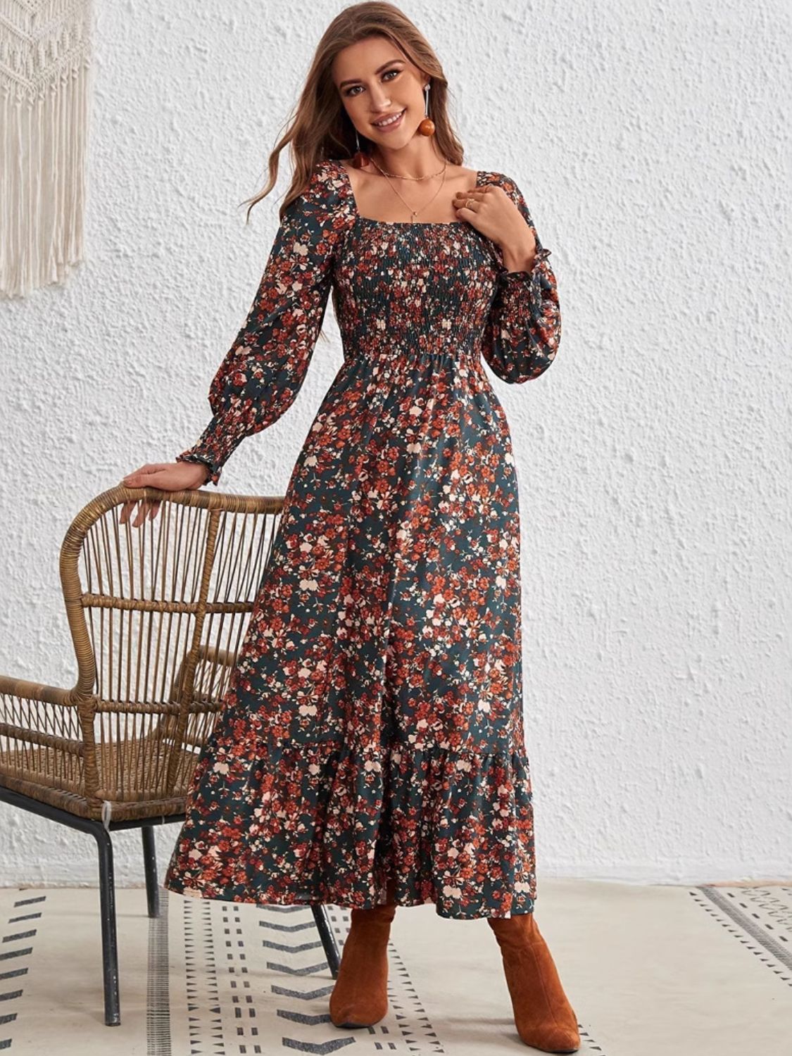 Elegant Smocked Floral Print Square Neck Long Sleeve Maxi Dress for Women | Summer Wedding Guest Dress, Garden Party Outfit & Boho Chic Fashion