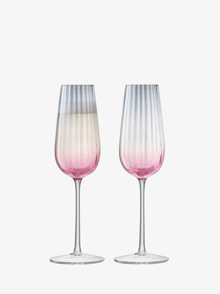 Luxury Hand Decorated 8 oz Champagne Flutes Set of 2 - Dusk Pink & Grey Elegant Drinking Glasses with Fluted Texture for Weddings, Anniversaries & Special Celebrations