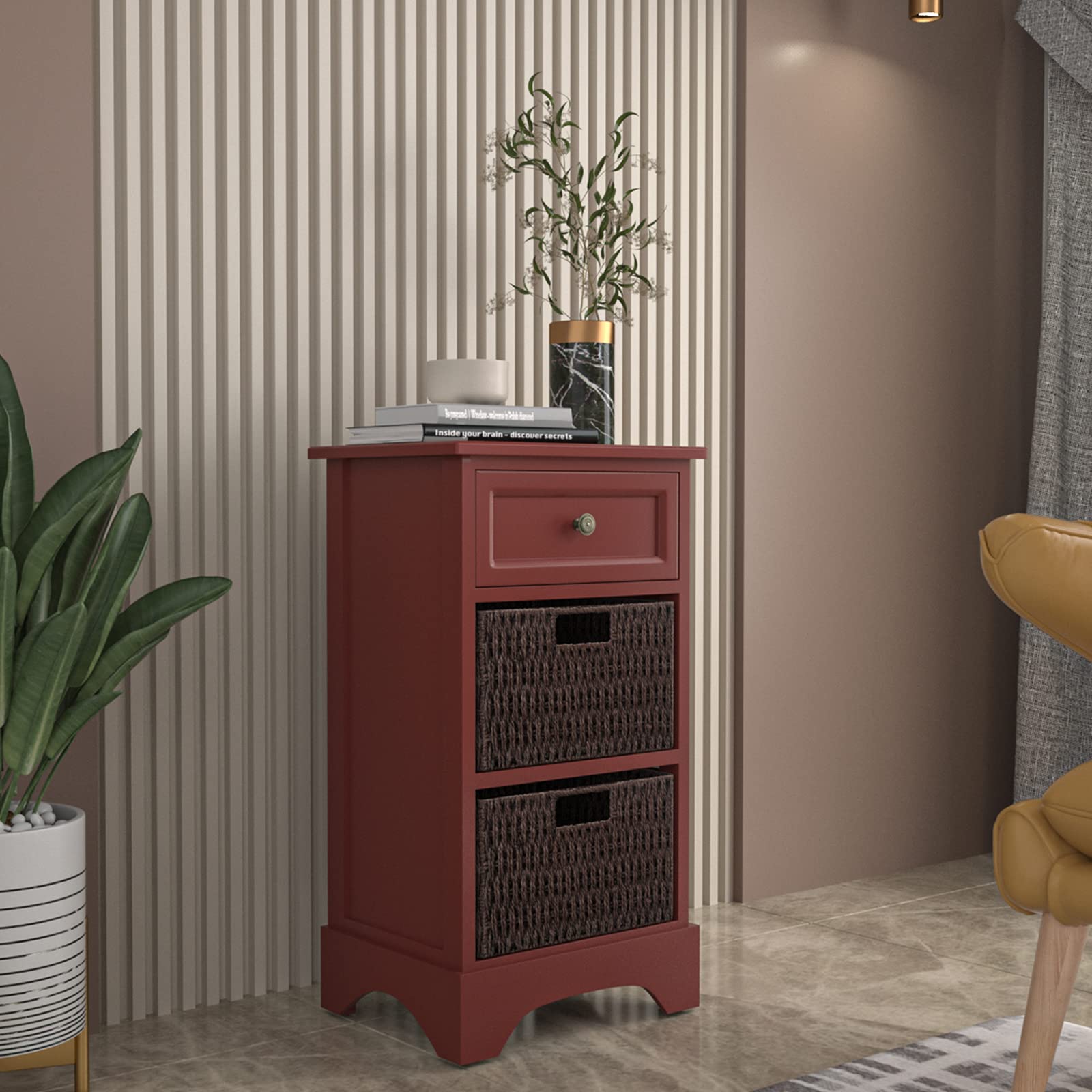 Storage Chest Side End Table with 2 Removable Baskets & 1 Drawer - No Assembly Required, Hallway Cabinet for Home, Kitchen & Living Room - Perfect for Organizing Blankets, Toys & Home Essentials (Red)