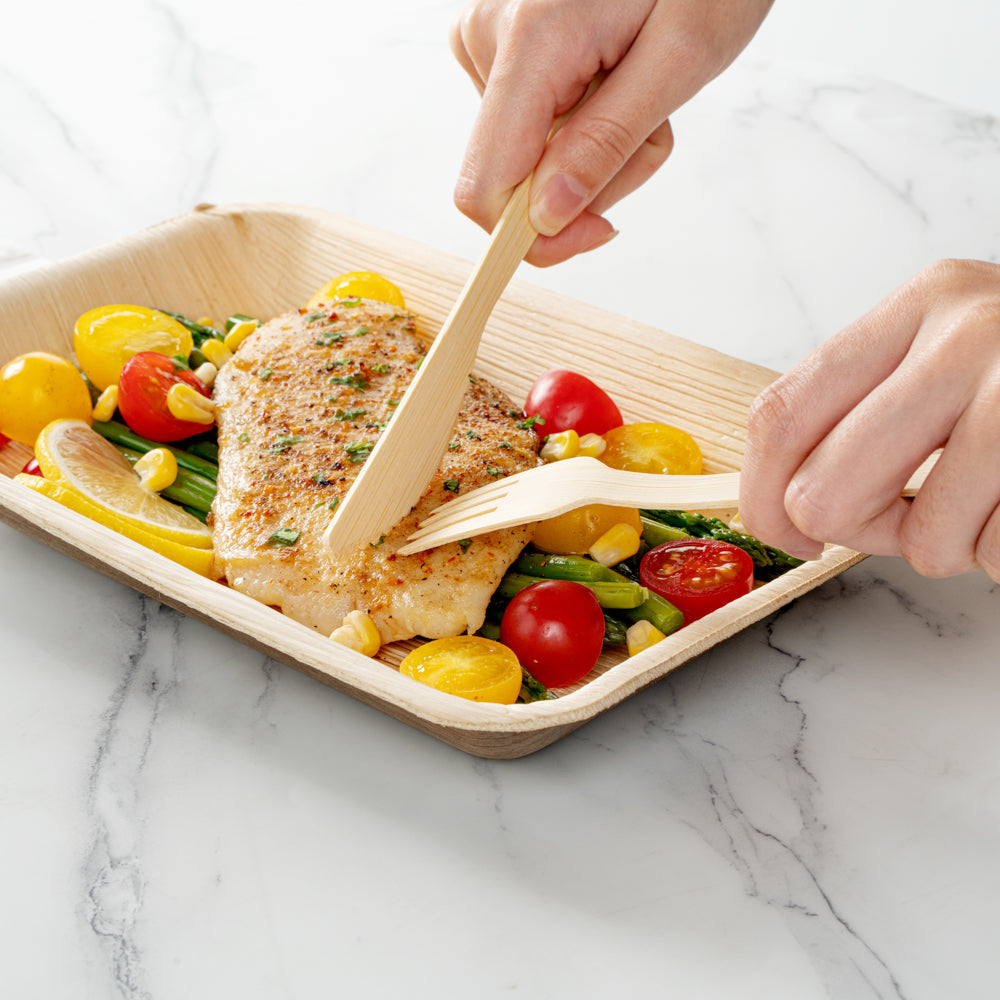 Eco-Friendly Bamboo Disposable Cutlery Set - 100-Piece Knives & Forks with White Napkins & Kraft Paper Pouch | Biodegradable Utensils for Parties, Picnics, Camping & Sustainable Dining