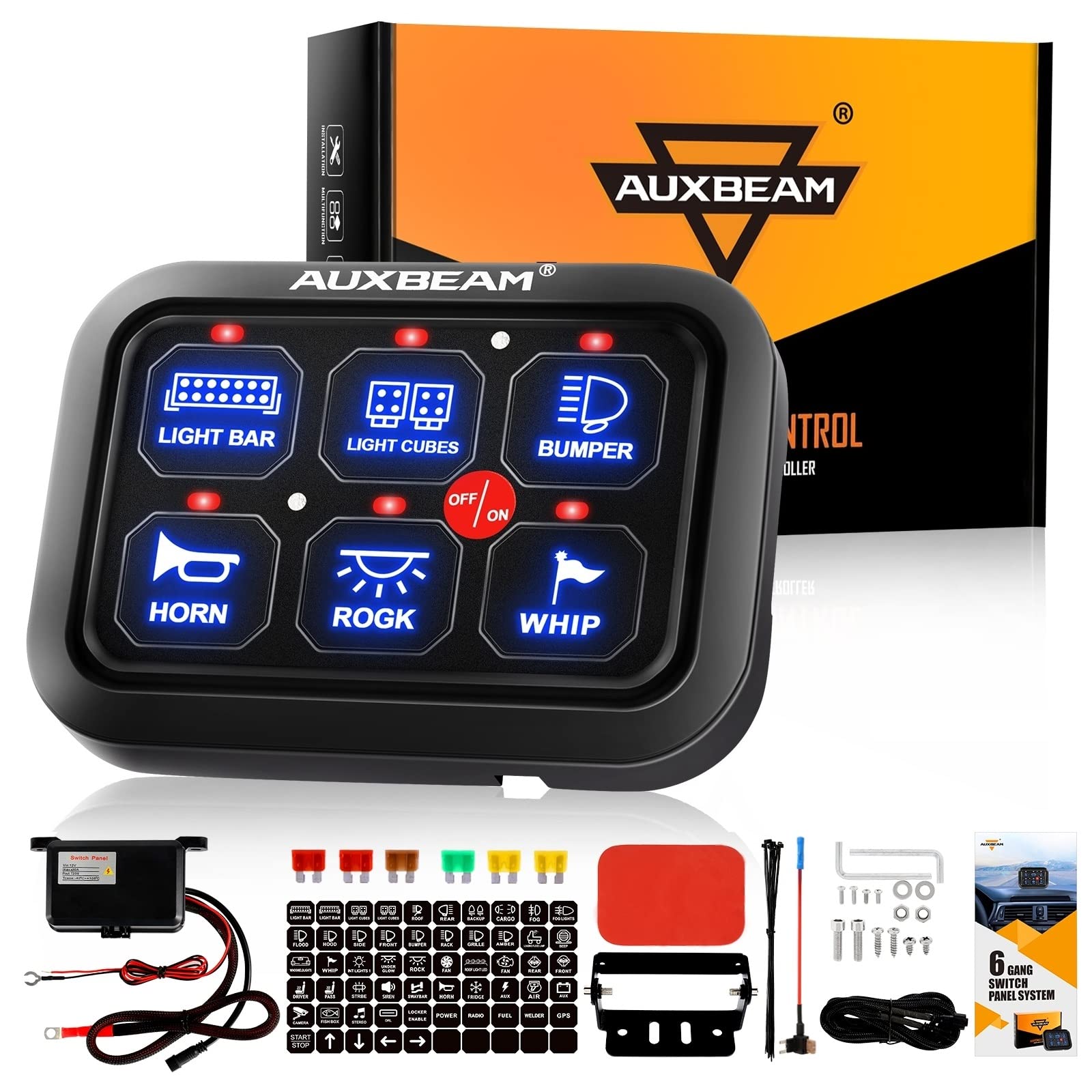 Auxbeam BC60 6 Gang Universal Switch Panel - Touch Control Relay System with Auto Dimming LED for Cars, Trucks, Pickups, Boats & UTVs | Waterproof Circuit Control Box | Perfect for Off-Roading, Marine & RV Use (Blue, 2-Year Warranty)