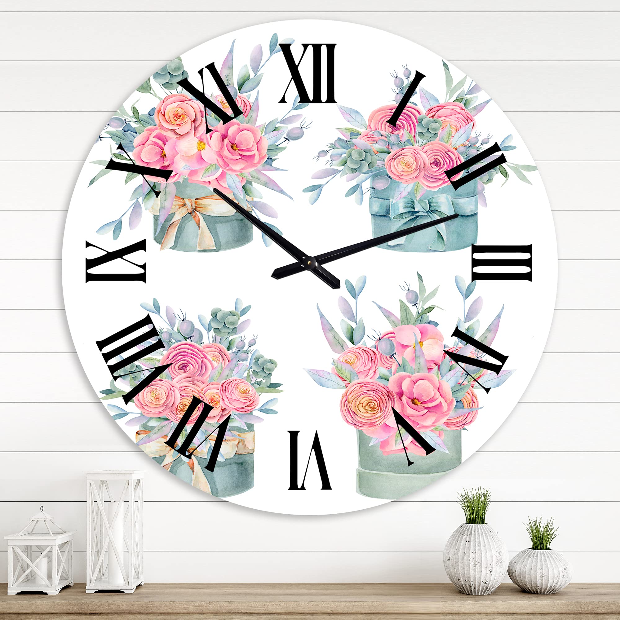Farmhouse Wall Clock with Pink Roses - Large Floral Botanical Wall Decor for Kitchen, Living Room, Bedroom | Perfect for Home, Office & Gift Giving