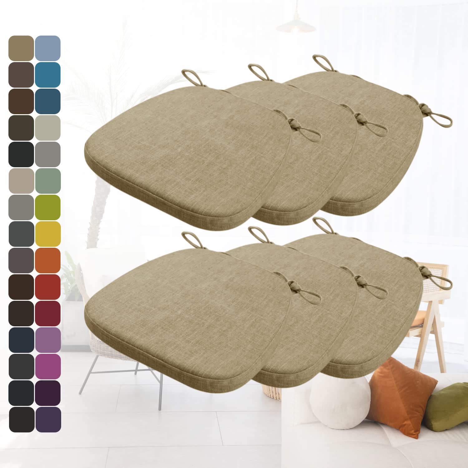 Non-Slip Kimgull Chair Cushions with Ties - Set of 6 Thickened Breathable Seat Pads, Detachable Washable Covers for Kitchen, Dining, Living Room & Office Chairs (17x16.5x2 Inches, Light Yellow Brown) - Perfect for Home Decor, Comfortable Seating & Furniture Protection