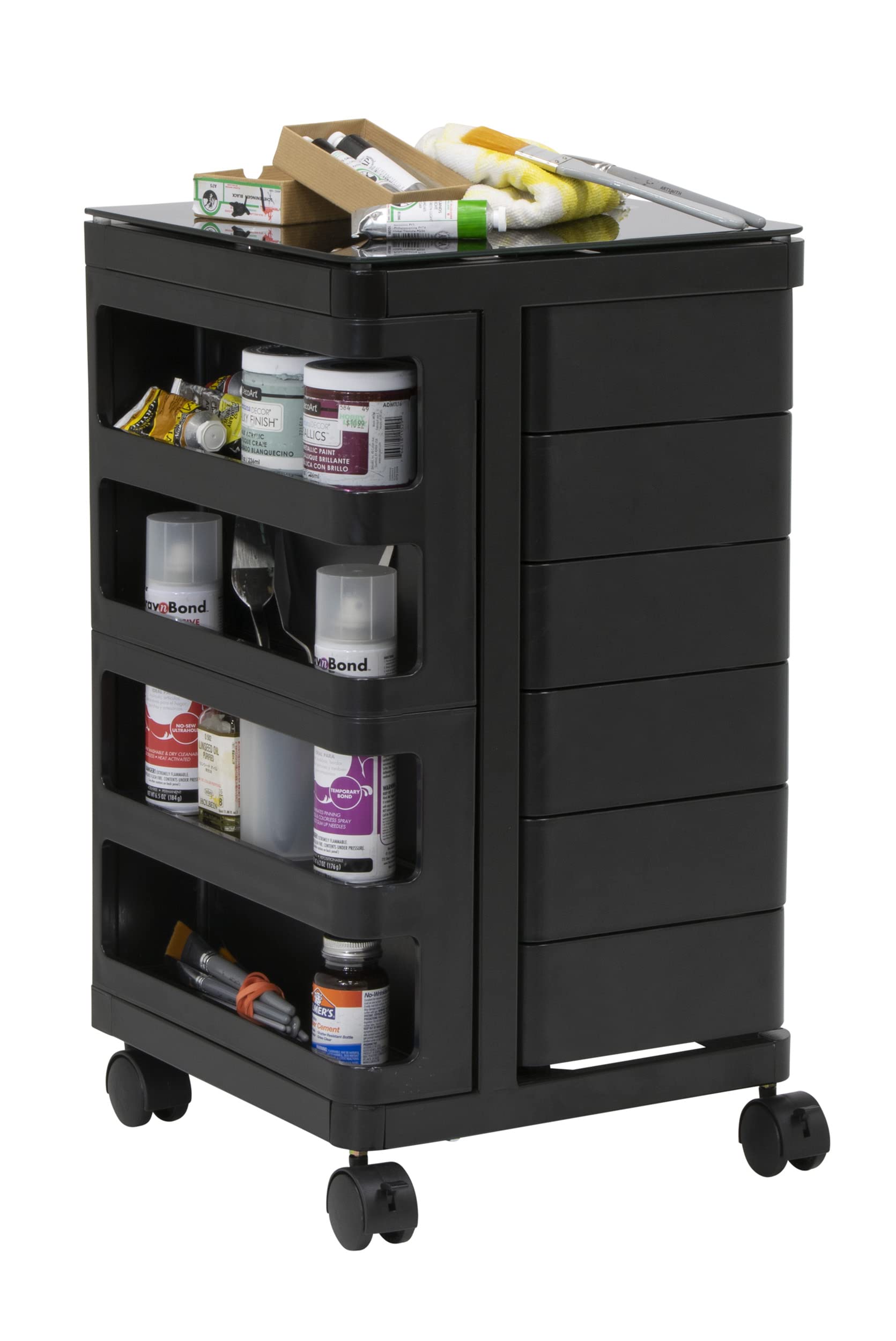 SD STUDIO DESIGNS Kubx Rotating 4-Sided Mobile Storage Organizer with Glass Top - Multi-Compartment Spinning Organizer for Office, Kitchen, Bathroom & Craft Room Organization