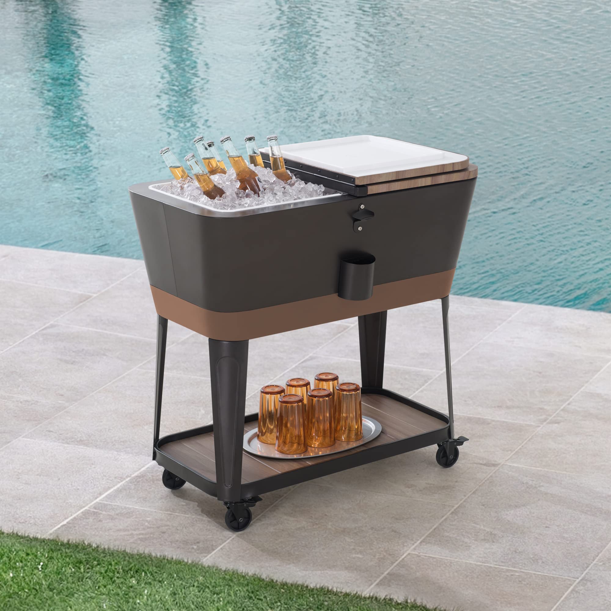 Sunjoy 80-Quart Rolling Cooler with Wheels - Wood Grain Finish Metal Ice Chest Cooler Cart, Lockable Storage Shelf & Steel Bottle Opener - Perfect for Camping, Tailgating, Beach Trips & Outdoor Parties (Copper)