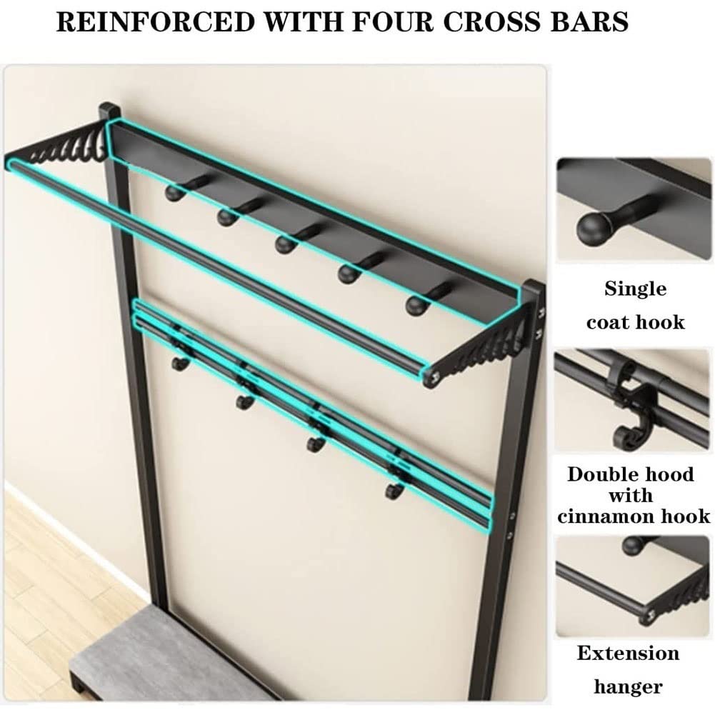 Free Standing Hall Tree with 9 Hooks & 2-Tier Shelves - Coat Rack Shoe Bench for Entryway, Bedroom, Living Room - Sturdy Metal Frame (Black, 100x33x170cm) - Perfect for Organizing Jackets, Shoes & Accessories in Small Spaces