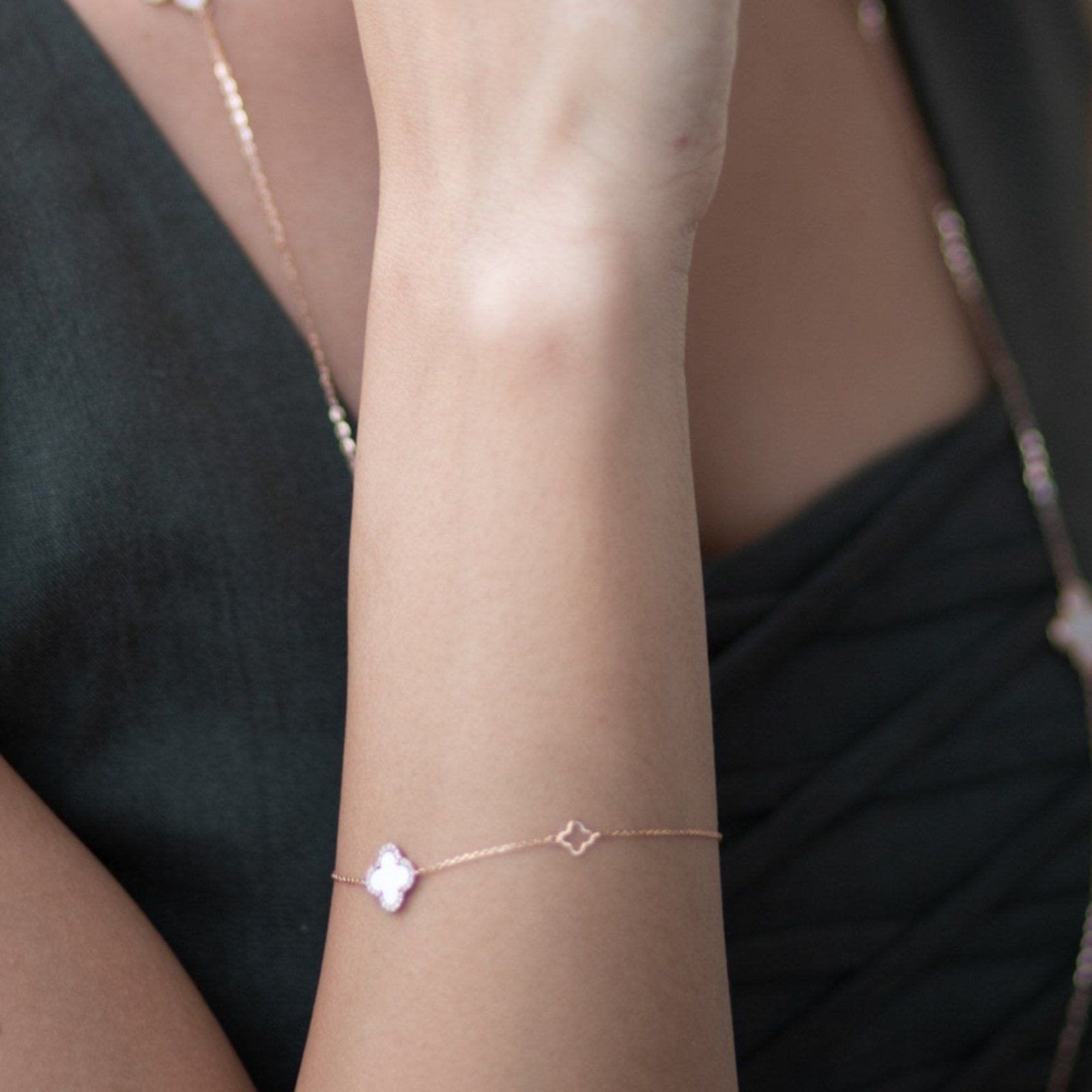 14k Rose Gold Mini Mother of Pearl & Diamond Halo Clover Bracelet - Elegant Dainty Station Jewelry for Women, Perfect for Everyday Wear, Gift Giving & Special Occasions