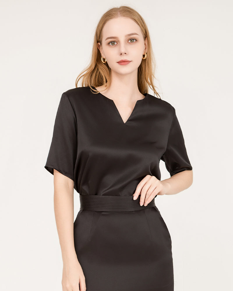 Elegant V Neck Silk Blouse & Midi Skirt Set for Women - Luxury Silk Outfit for Office, Party & Special Occasions