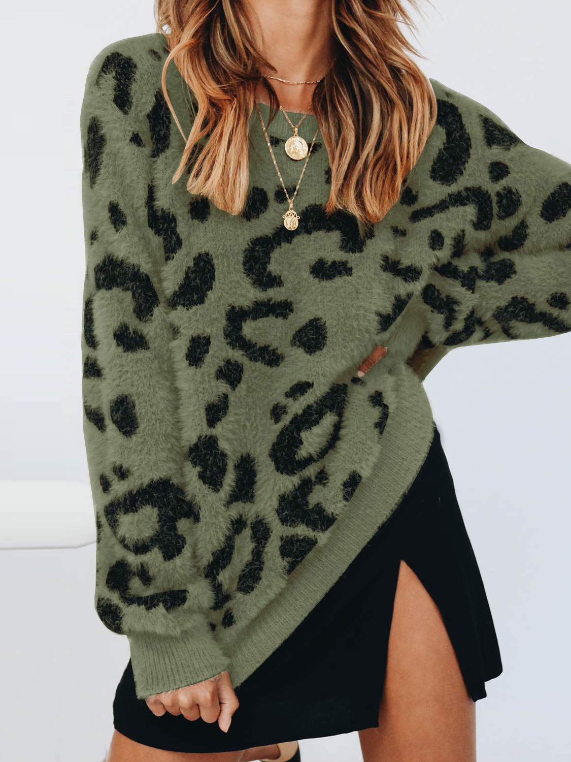 Saodimallsu Women's Leopard Print Crewneck Sweater - Oversized Casual Loose Fit Sherpa Pullover Knit Jumper for Winter Fashion, Streetwear & Cozy Outfits