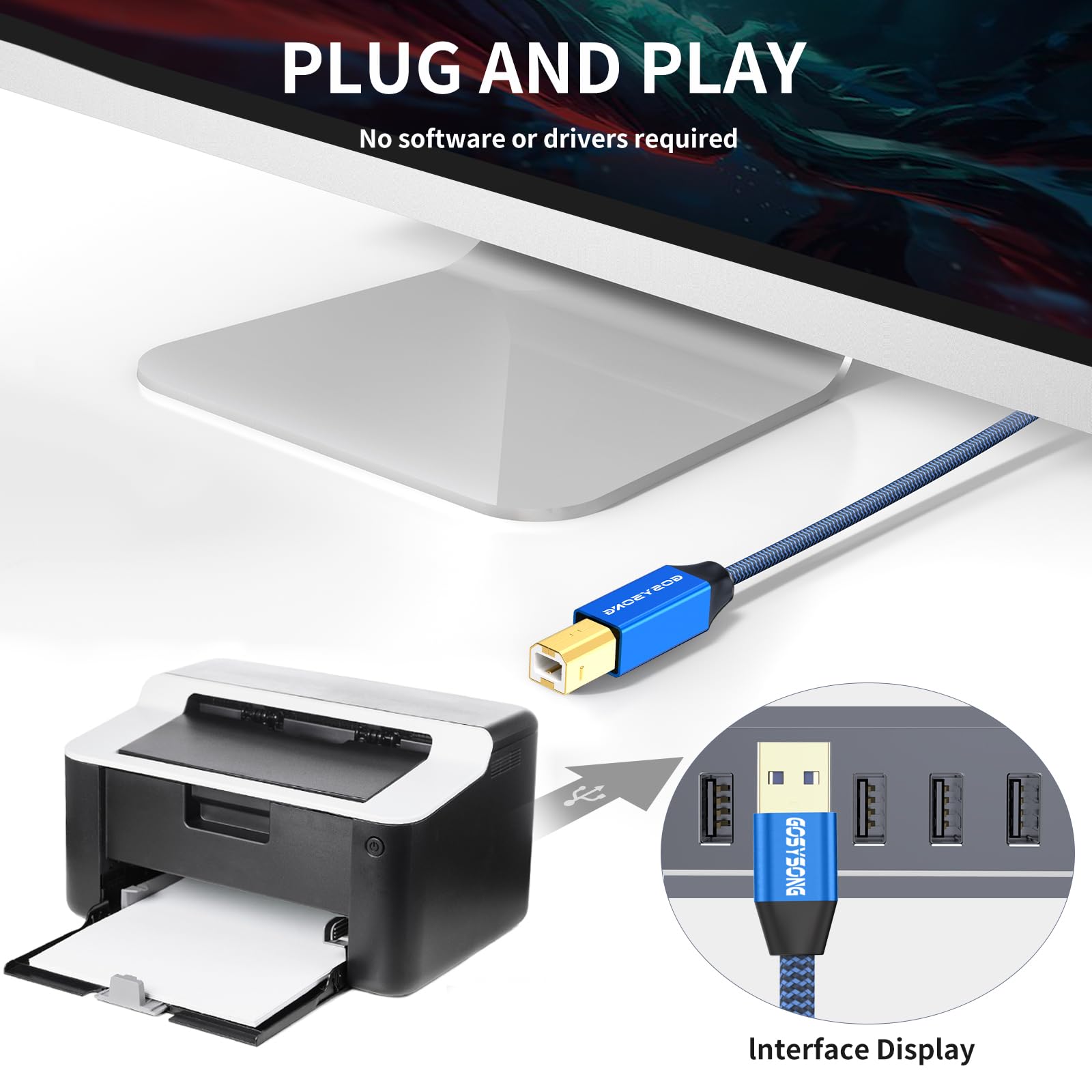 10ft USB 2.0 Printer Cable - High Speed USB A to B Cord for HP, Canon, Dell, Epson, Xerox Printers - Durable & Tangle-Free (Blue) - Perfect for Home Office, Business & Commercial Printing Needs