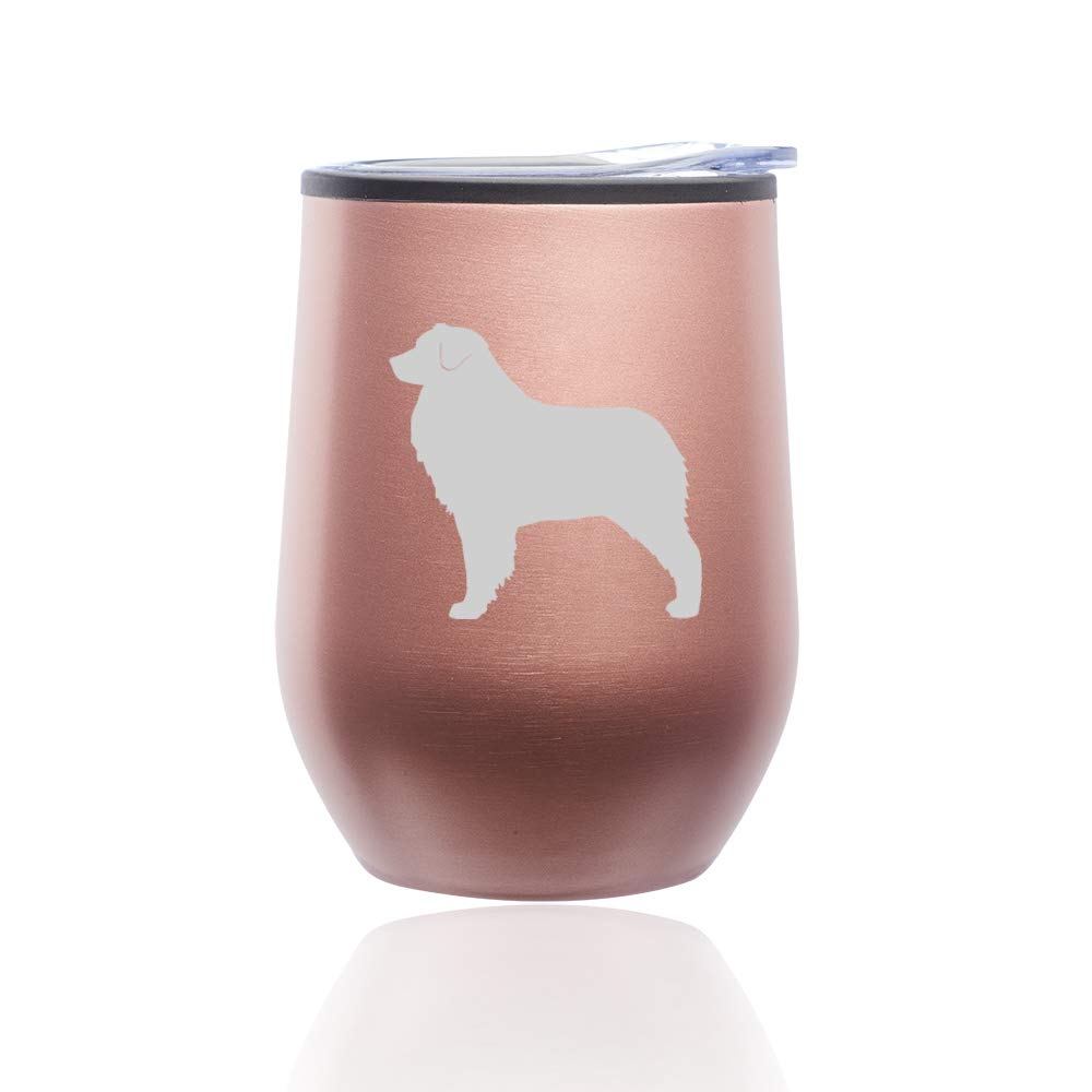 Stemless Wine Tumbler with Lid - 16oz Insulated Coffee Travel Mug Glass - Rose Gold Australian Shepherd Design - Perfect for Home, Office & Outdoor Activities