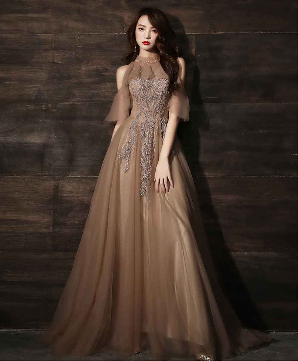 Elegant Champagne High Neck Tulle Lace Long Prom Dress for Women - Perfect for Formal Dances, Weddings & Special Occasions