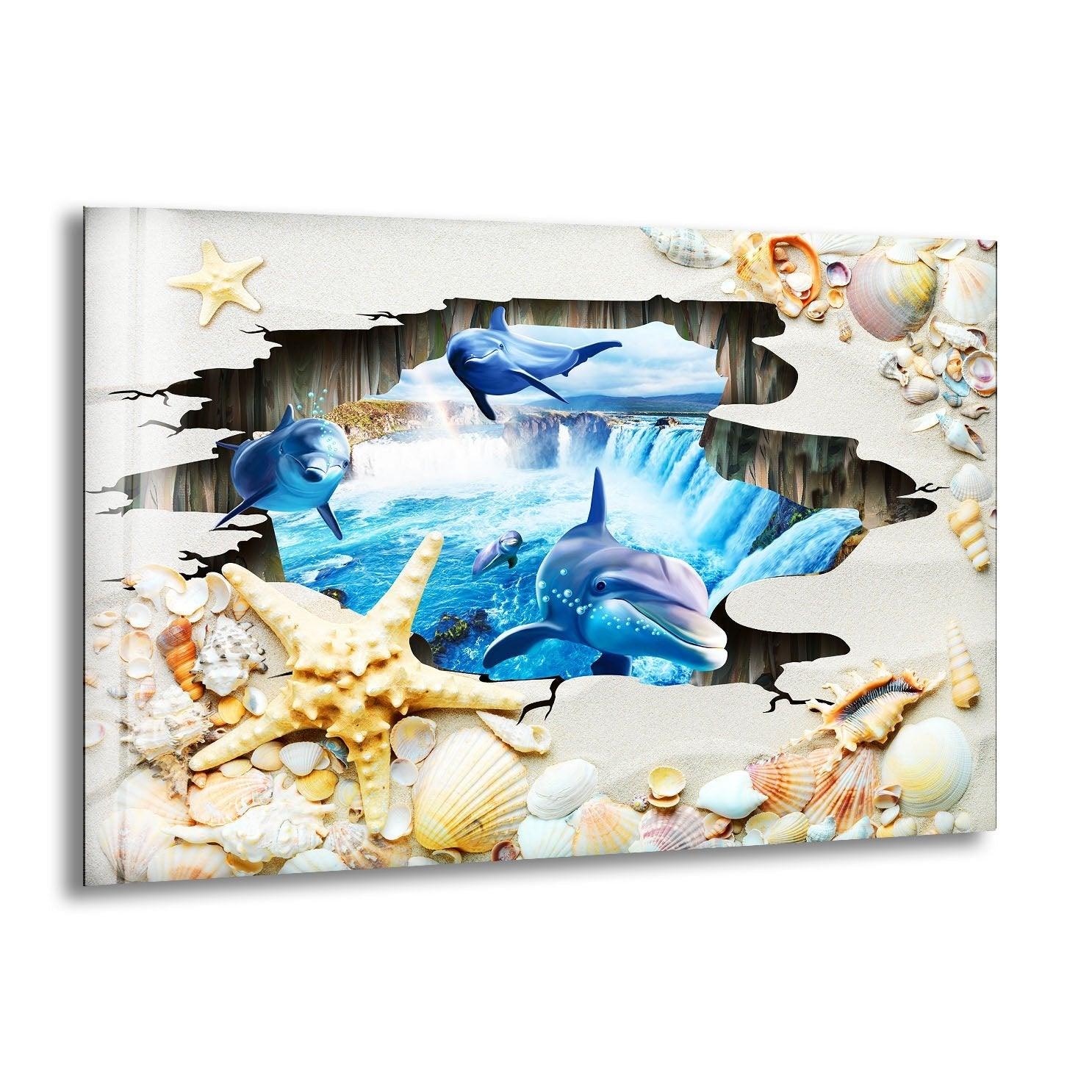 3D Dolphins Glass Wall Art - Ocean Themed Home Decor for Living Room, Bedroom & Office - Stunning Handmade Sea Life Mural with LED Backlighting
